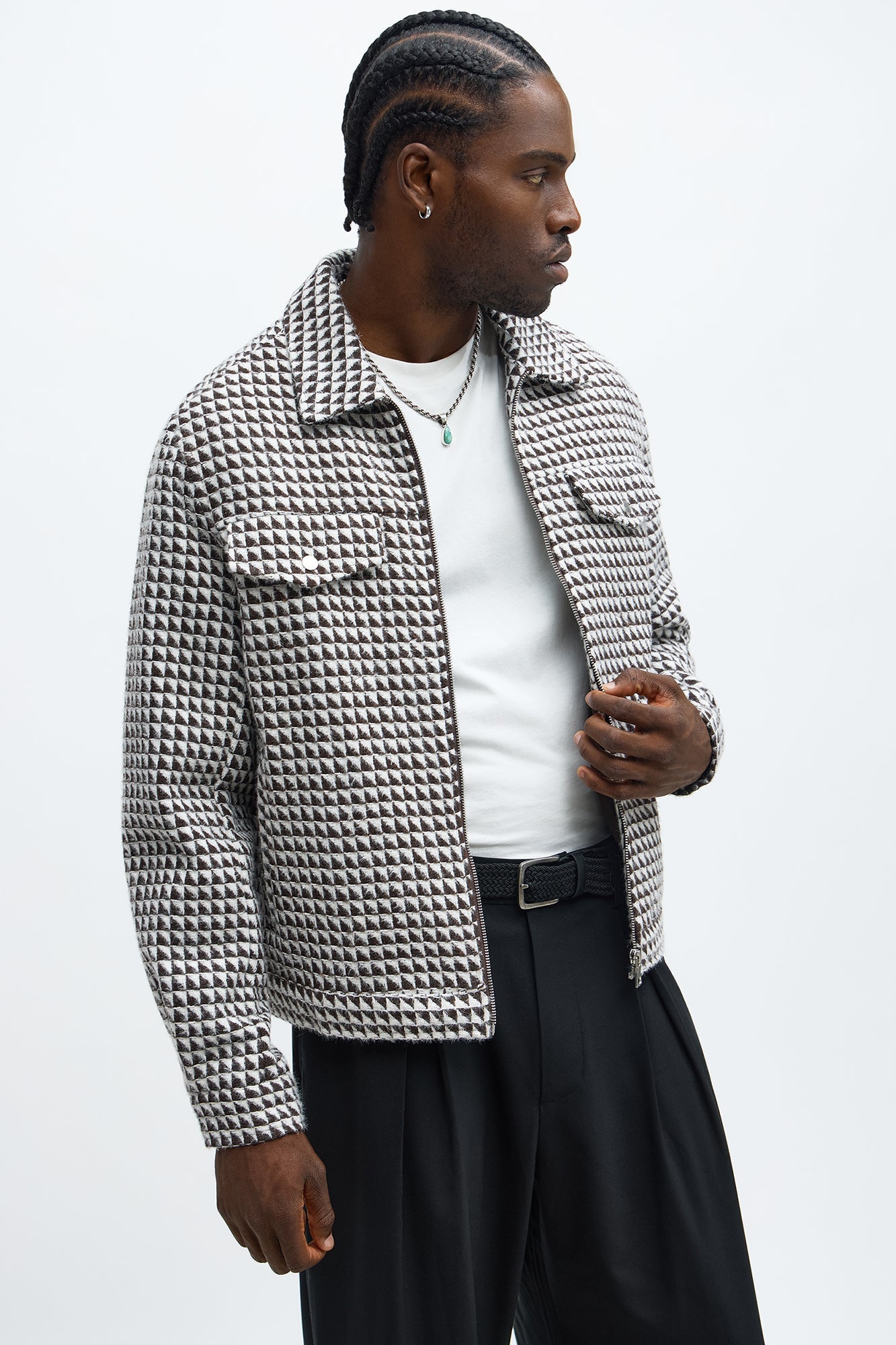 Textured Geometric Zip Jacket - Brown/combo