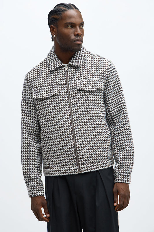 Textured Geometric Zip Jacket - Brown/combo