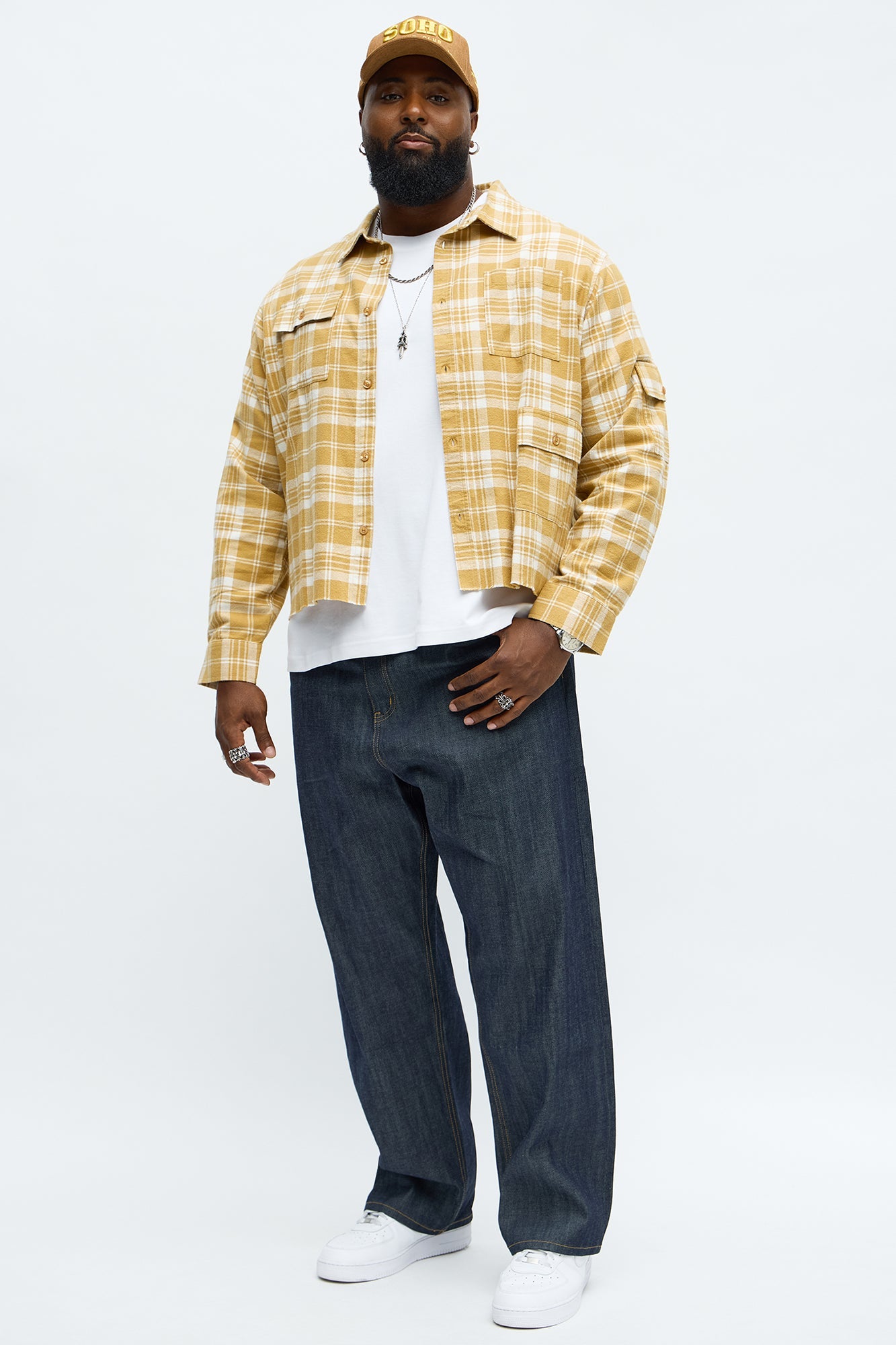 Cropped Cargo Pocket Flannel Button Up - Khaki