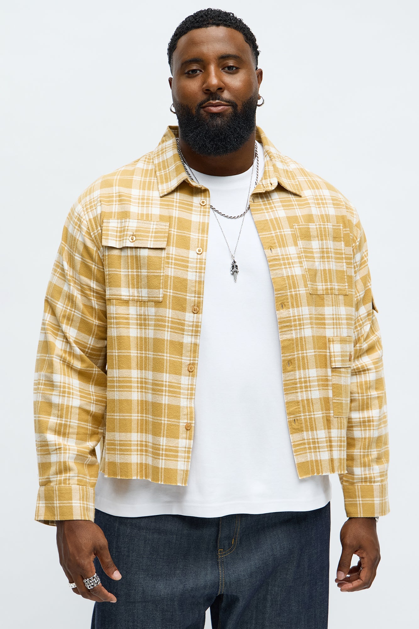 Cropped Cargo Pocket Flannel Button Up - Khaki