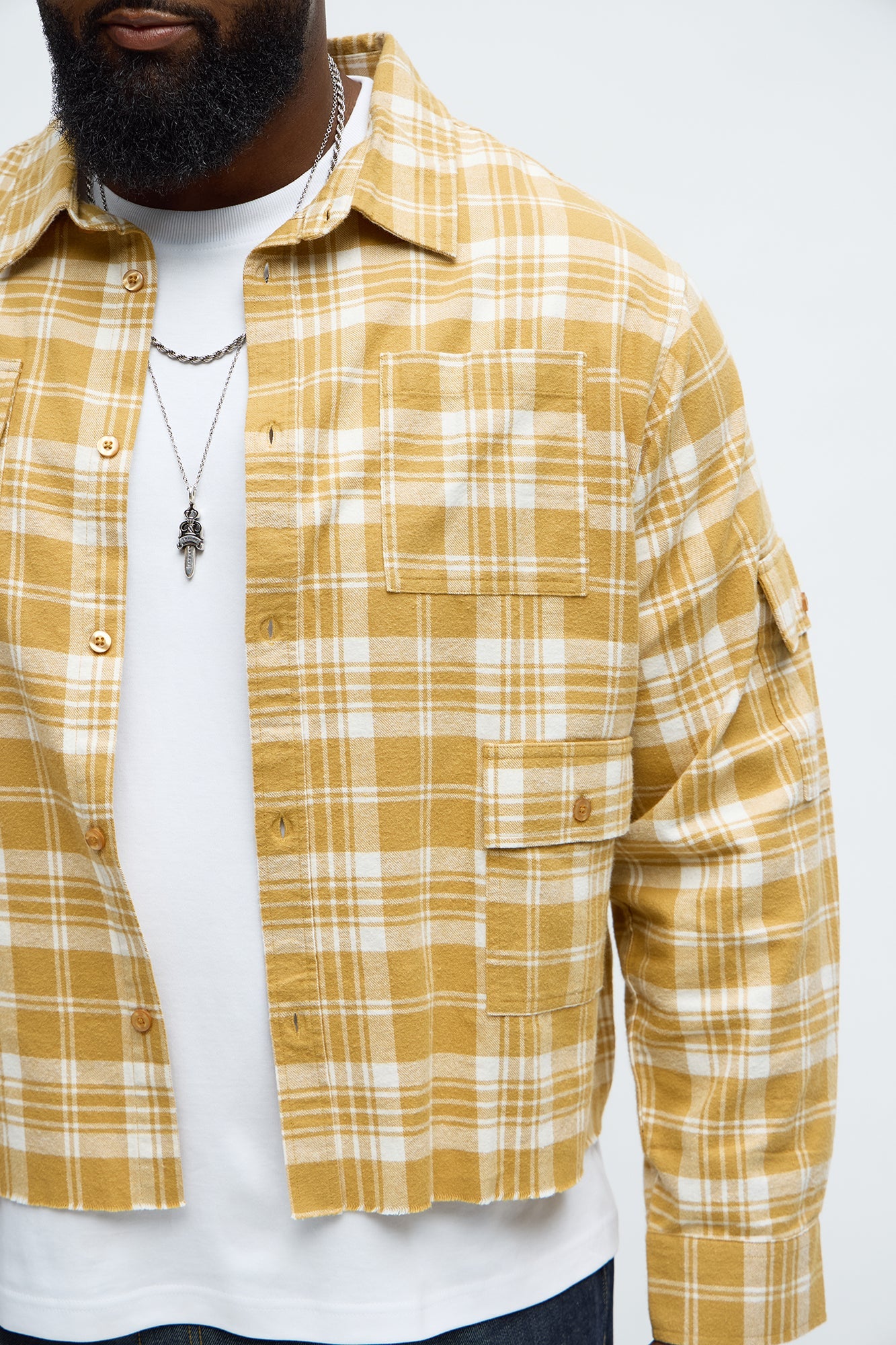 Cropped Cargo Pocket Flannel Button Up - Khaki