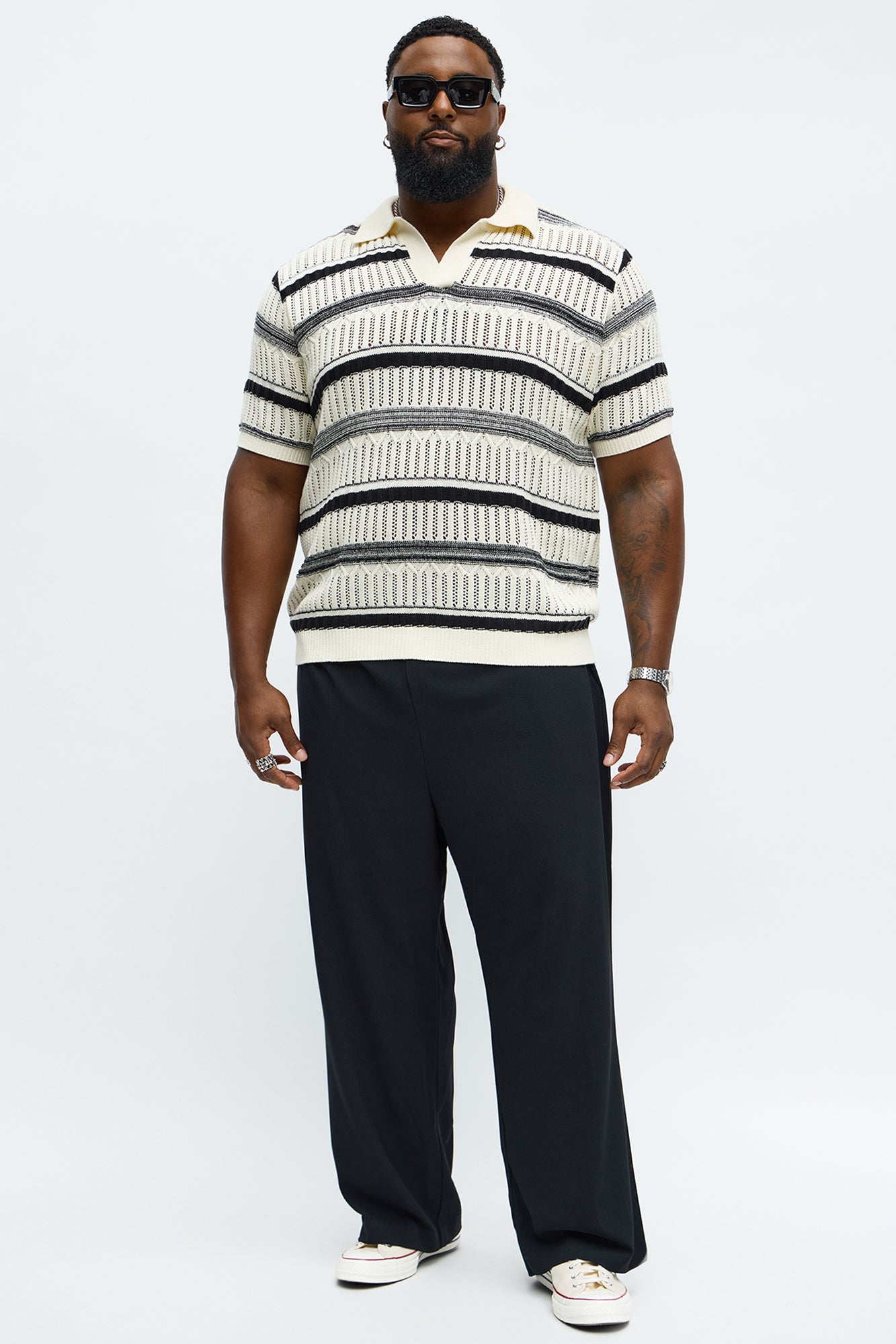 Crossroads Open Knit Johnny Collar Shirt - Cream/combo