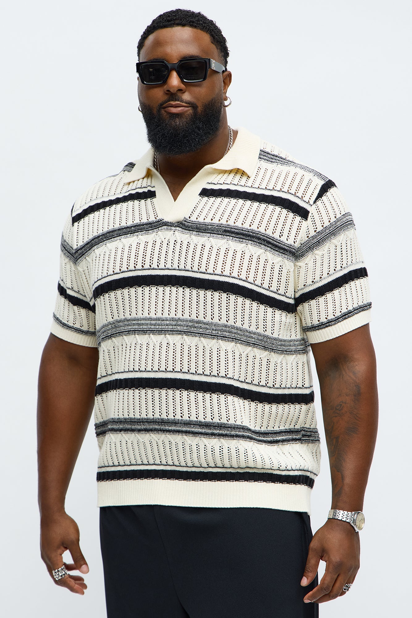 Crossroads Open Knit Johnny Collar Shirt - Cream/combo