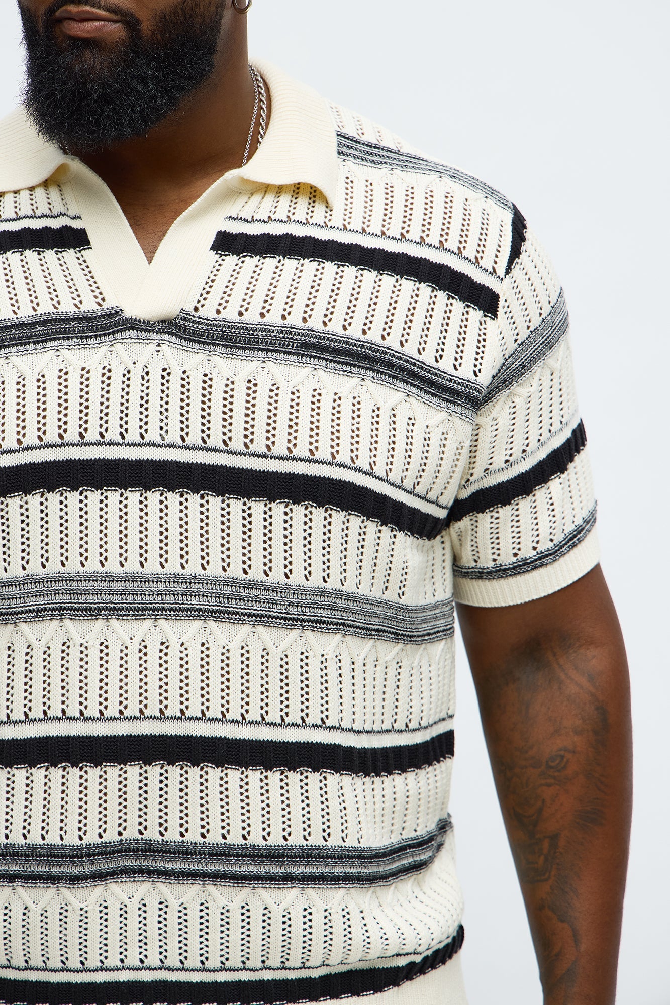 Crossroads Open Knit Johnny Collar Shirt - Cream/combo