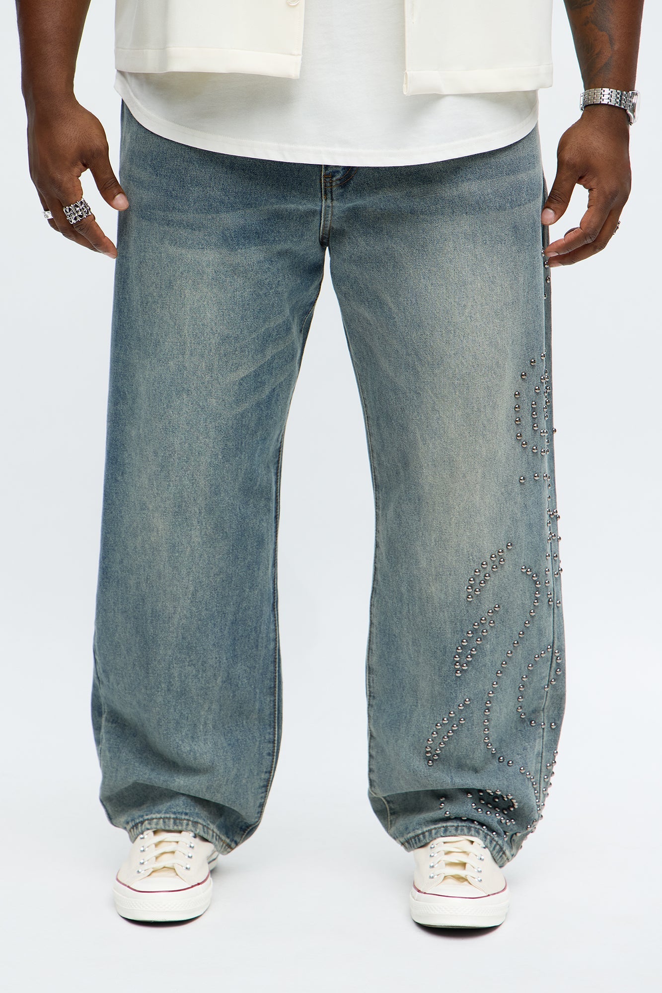 Relaxed Straight Sunshine Studs Jeans - Vintage Blue Wash
