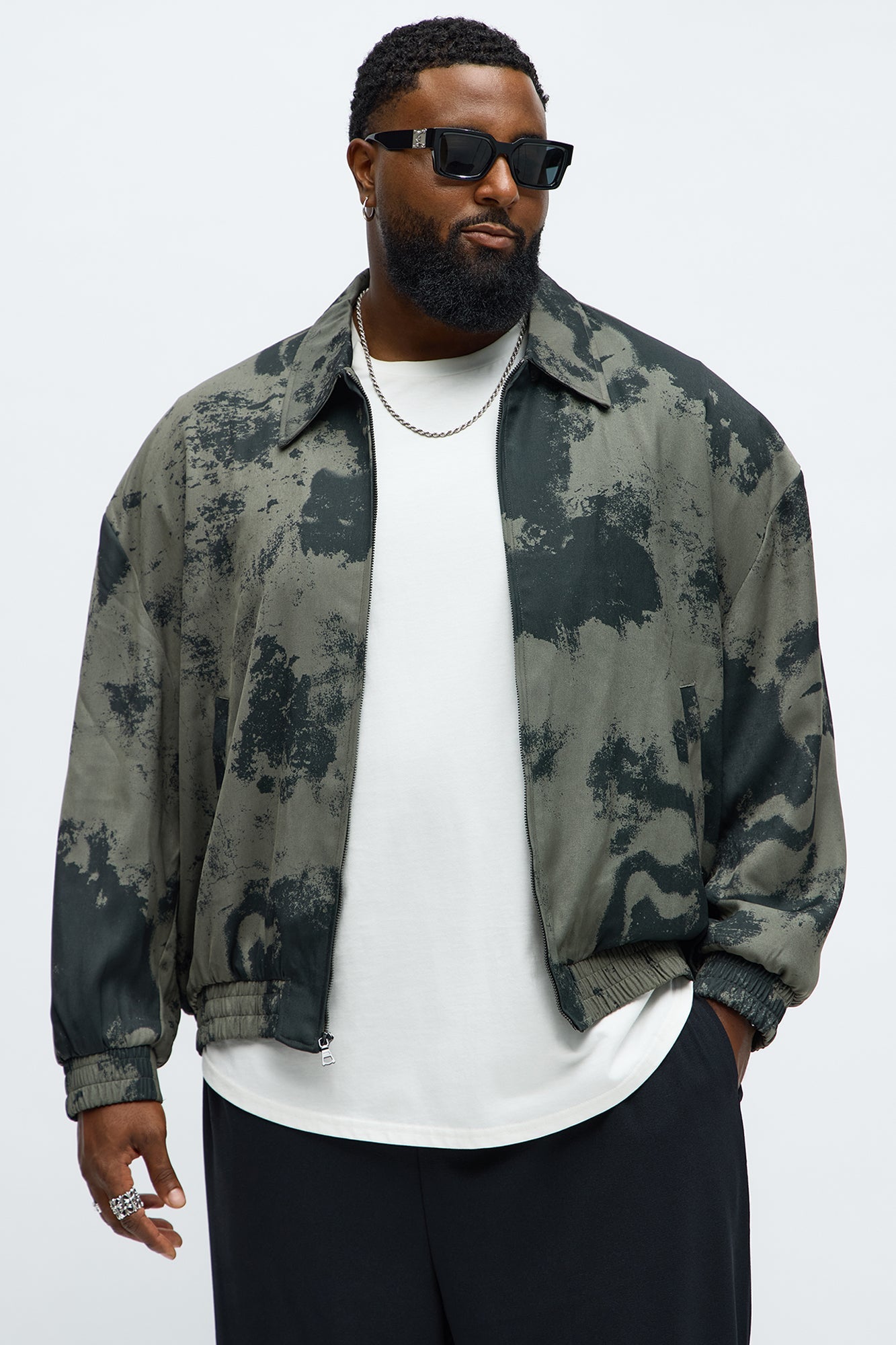 Urban Marble Printed Relaxed Bomber Jacket - Olive/combo