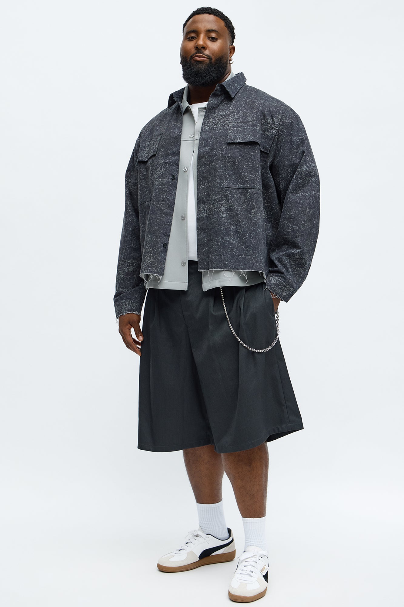 Cropped Raw Hem Long Sleeve Button Up Shirt - Black/combo