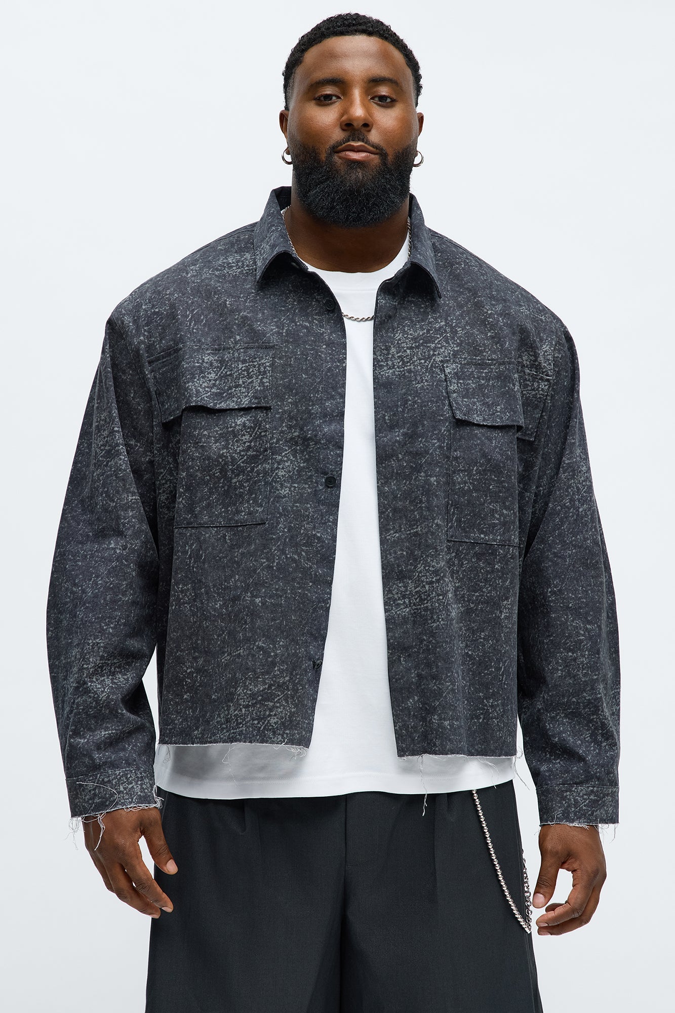 Cropped Raw Hem Long Sleeve Button Up Shirt - Black/combo