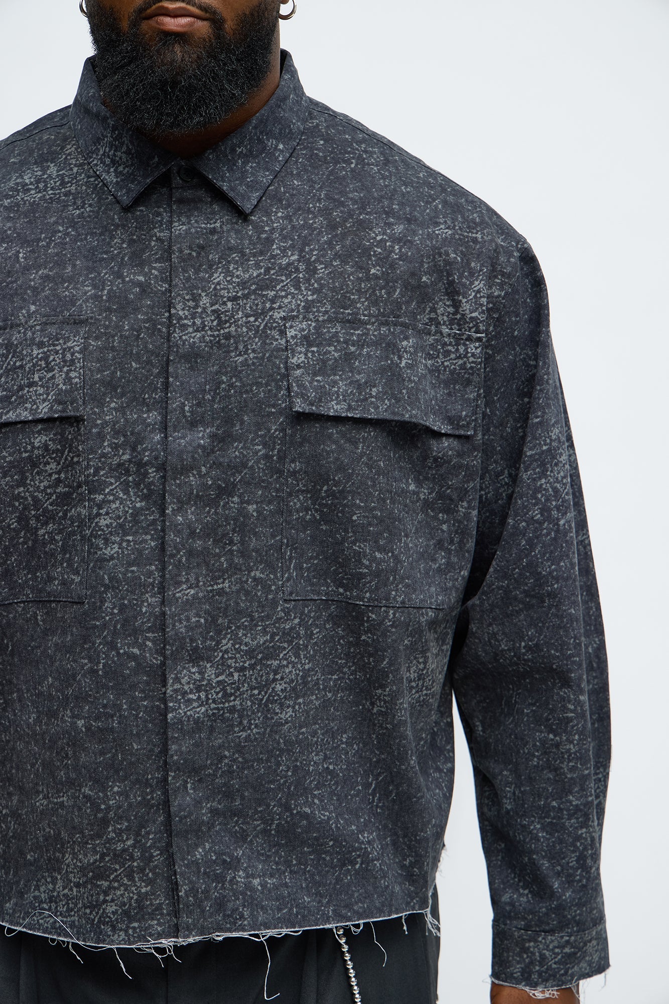 Cropped Raw Hem Long Sleeve Button Up Shirt - Black/combo