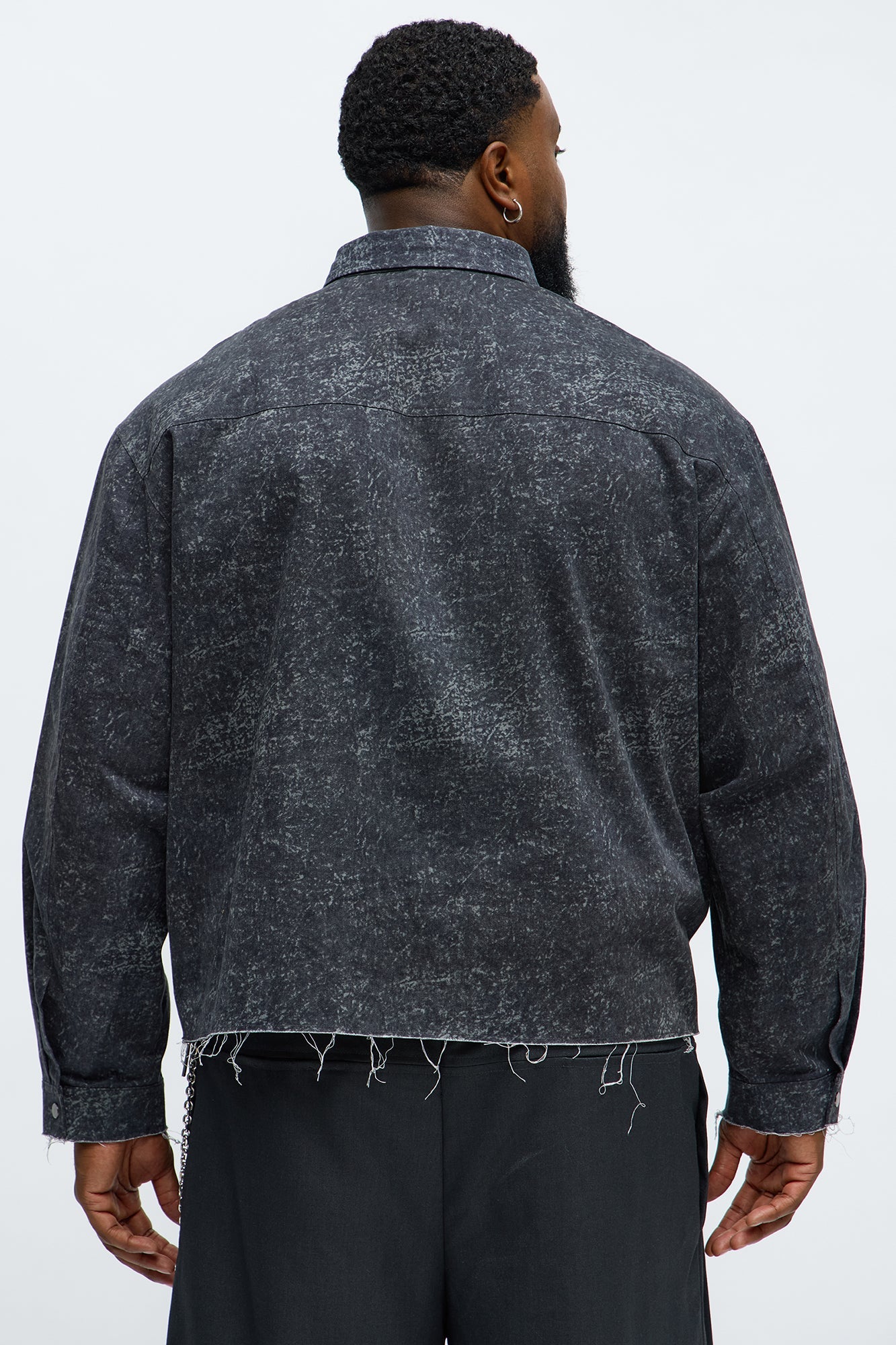 Cropped Raw Hem Long Sleeve Button Up Shirt - Black/combo