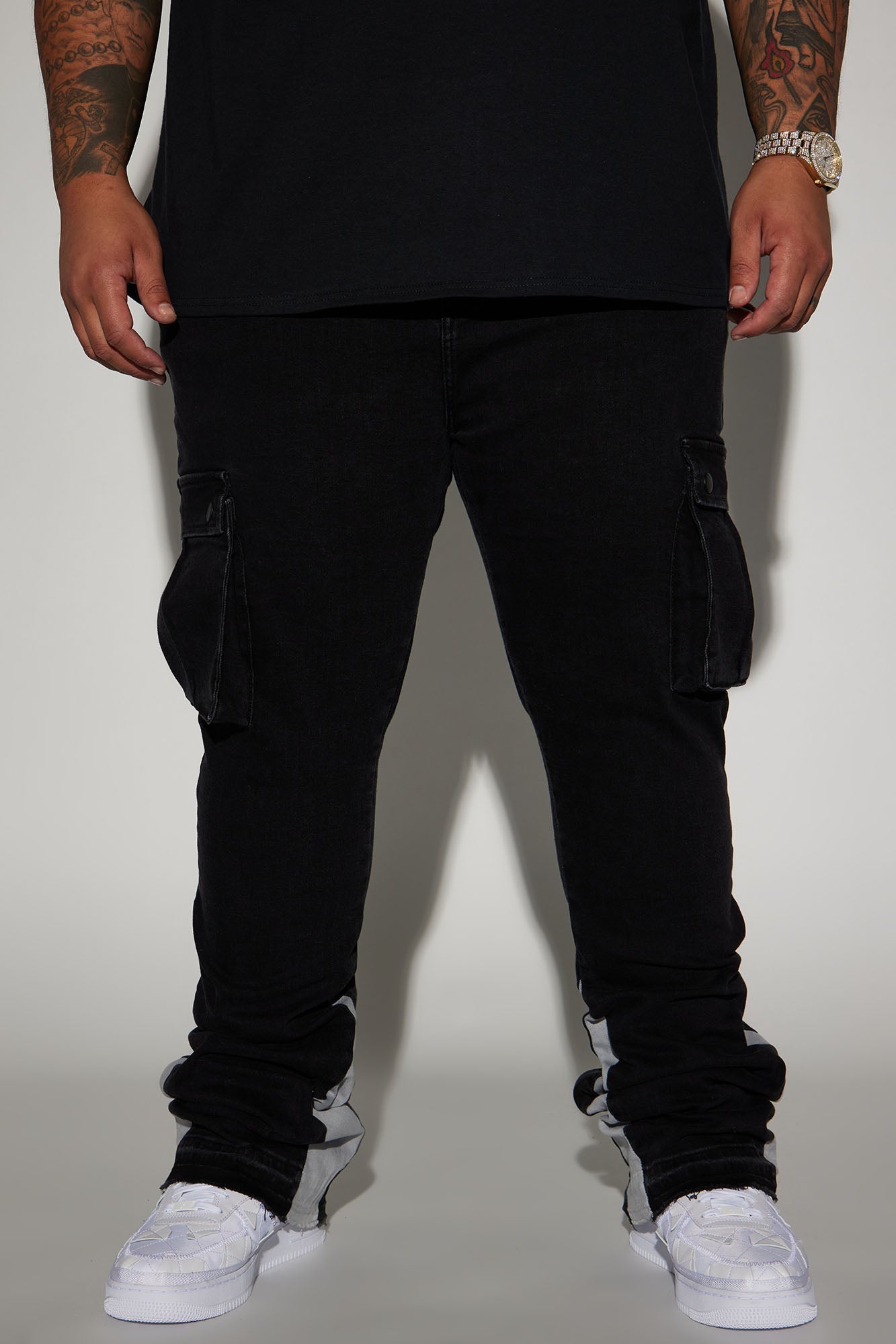 Carried Cargo Stacked Skinny Flared Jeans - Black