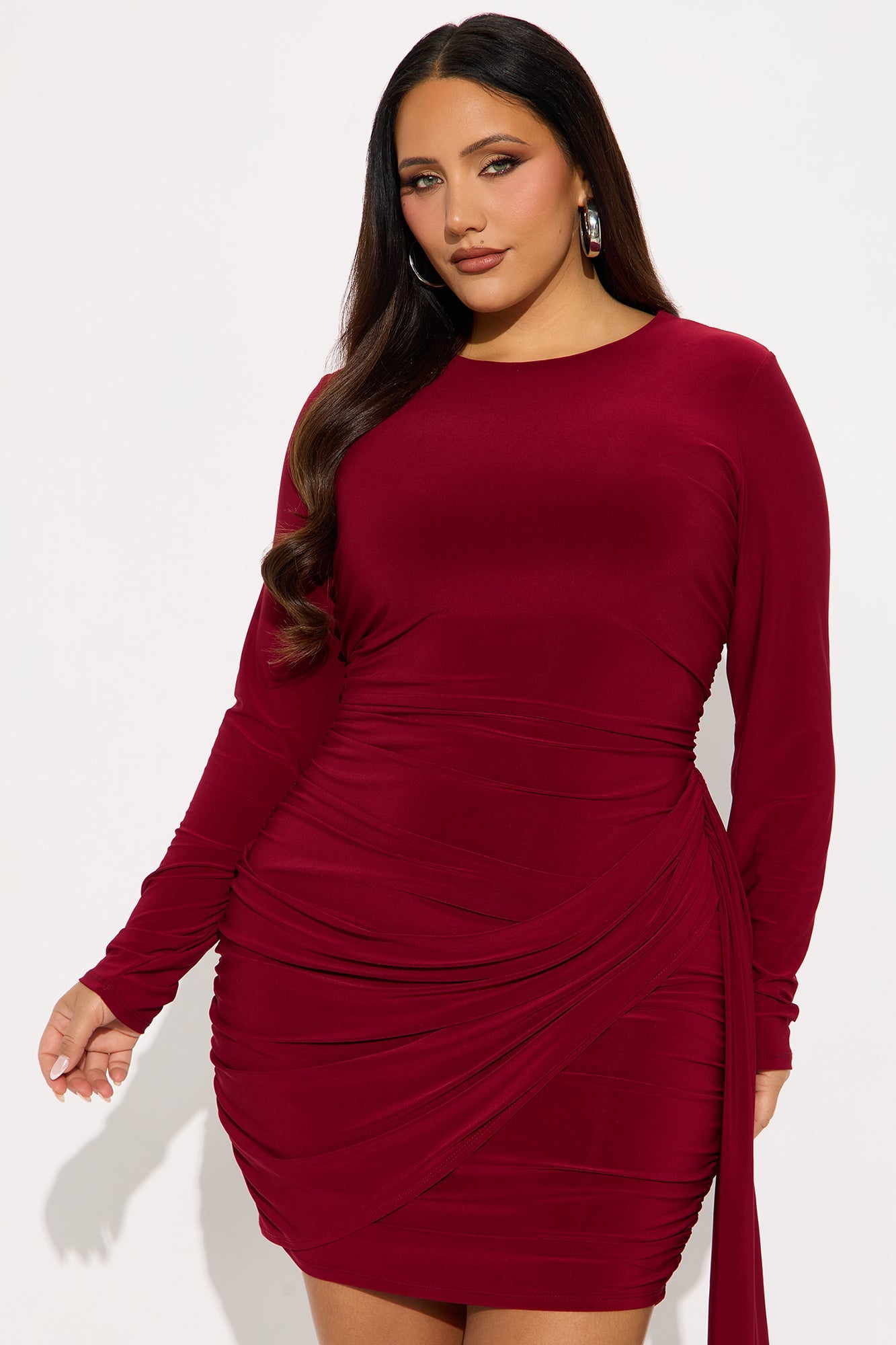 Stella Ruched Long Sleeve Mini Dress - Burgundy