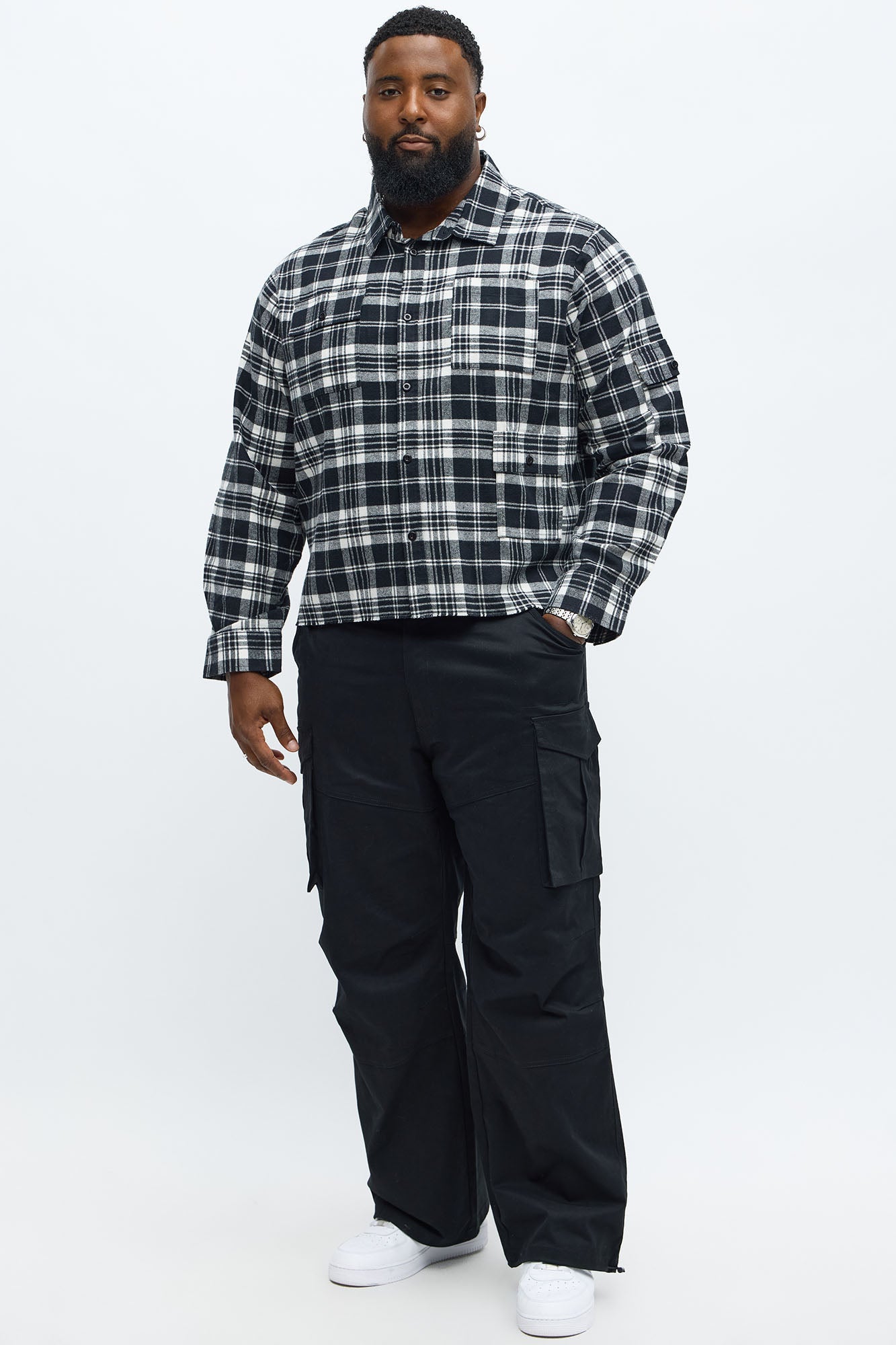 Cropped Cargo Pocket Flannel Button Up - Black