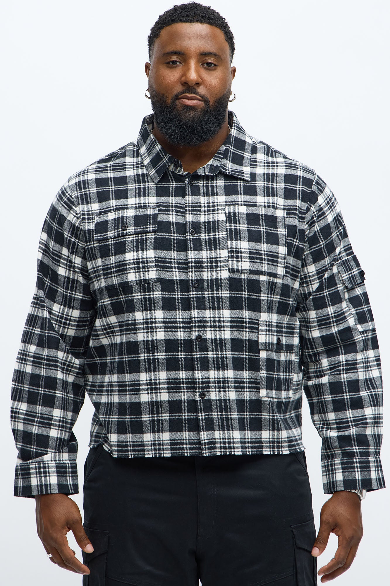 Cropped Cargo Pocket Flannel Button Up - Black