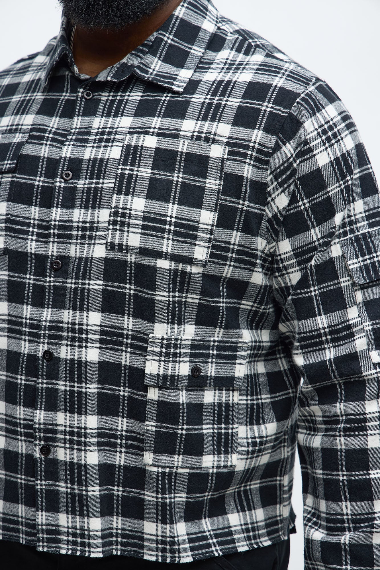 Cropped Cargo Pocket Flannel Button Up - Black