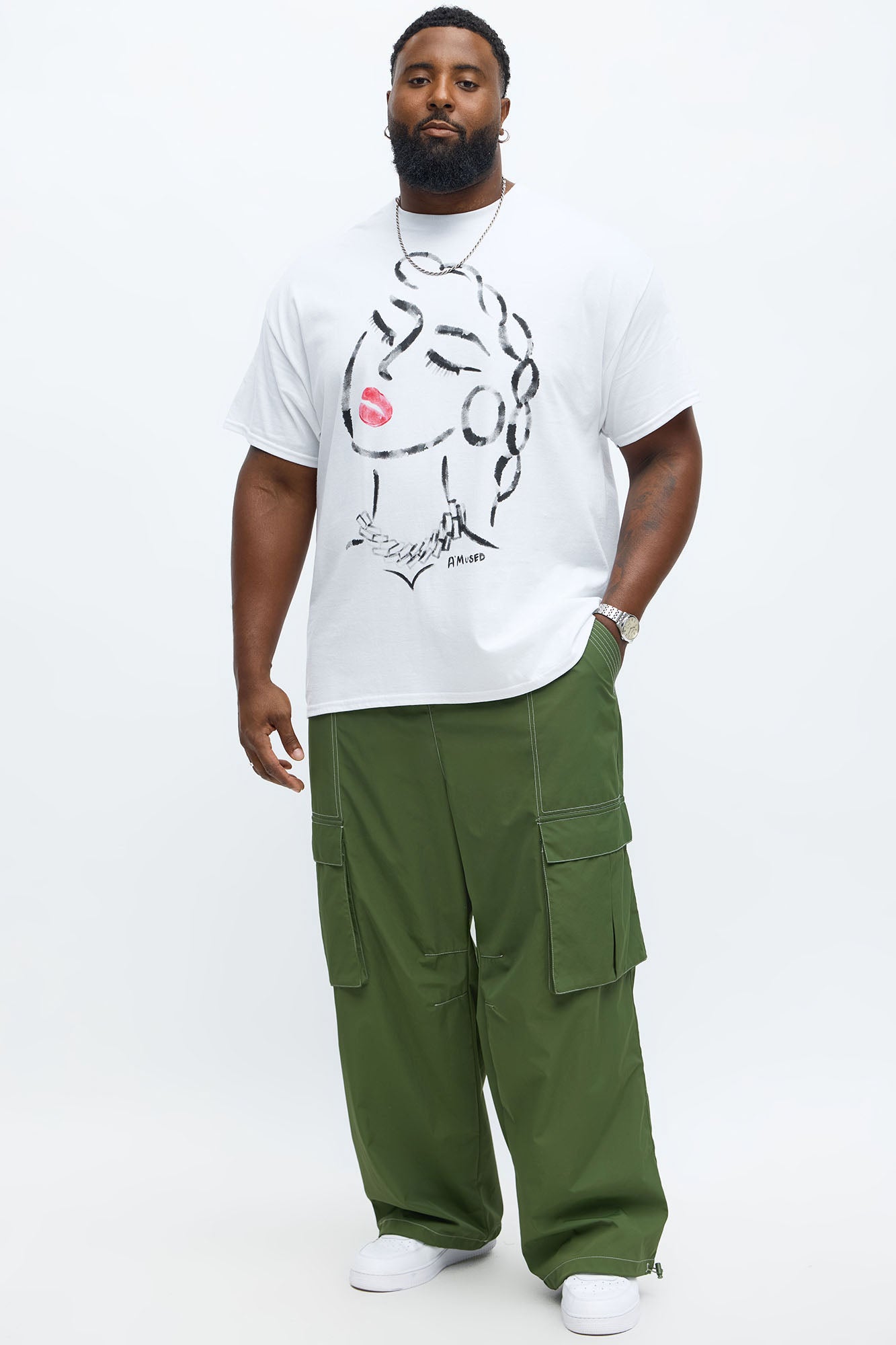 Baggy Stay Moving Contrast Stitch Nylon Cargo Pants - Olive