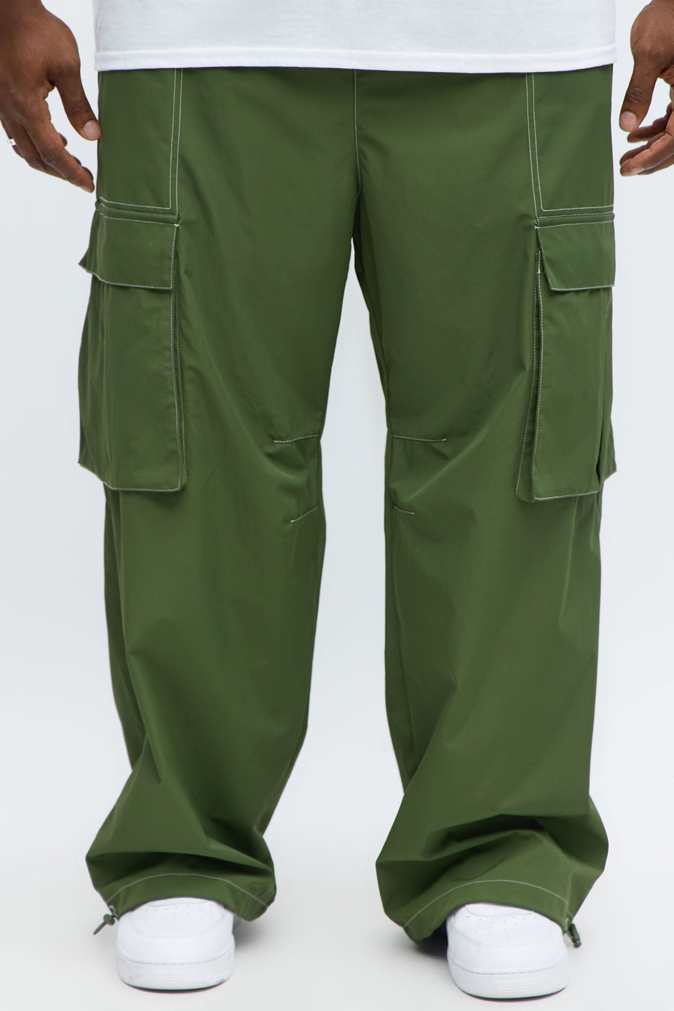 Baggy Stay Moving Contrast Stitch Nylon Cargo Pants - Olive