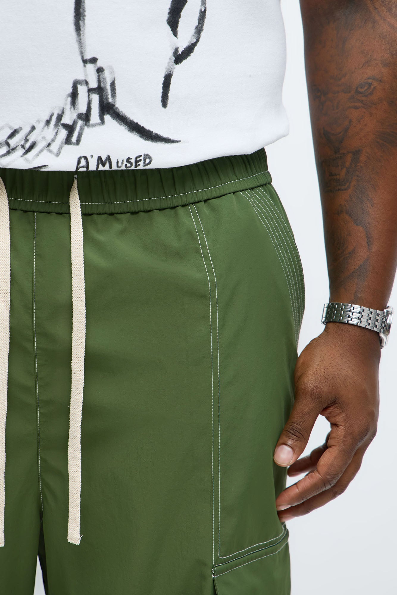 Baggy Stay Moving Contrast Stitch Nylon Cargo Pants - Olive