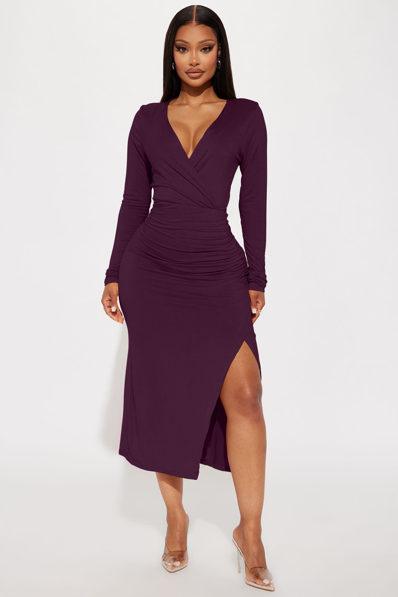 Claire Ruched Midi Dress - Plum