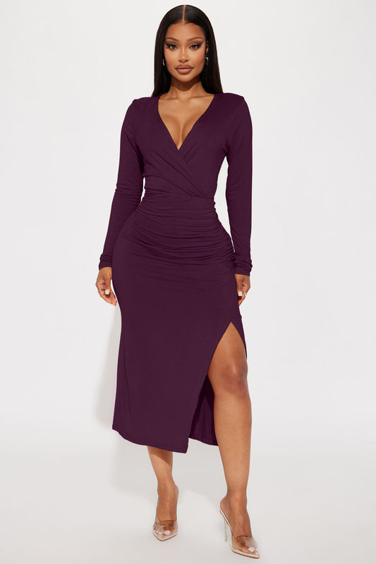 Claire Ruched Midi Dress - Plum