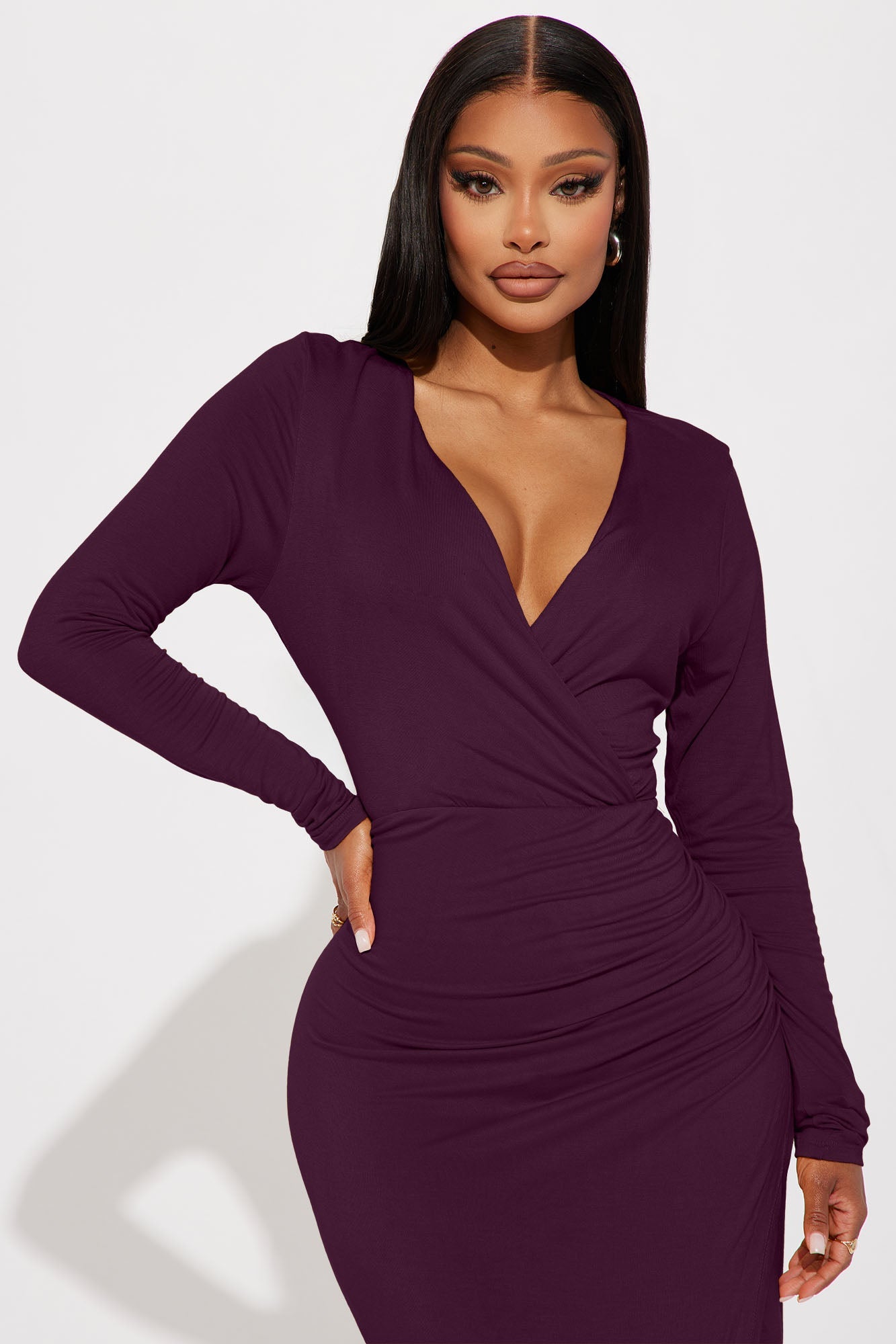 Claire Ruched Midi Dress - Plum