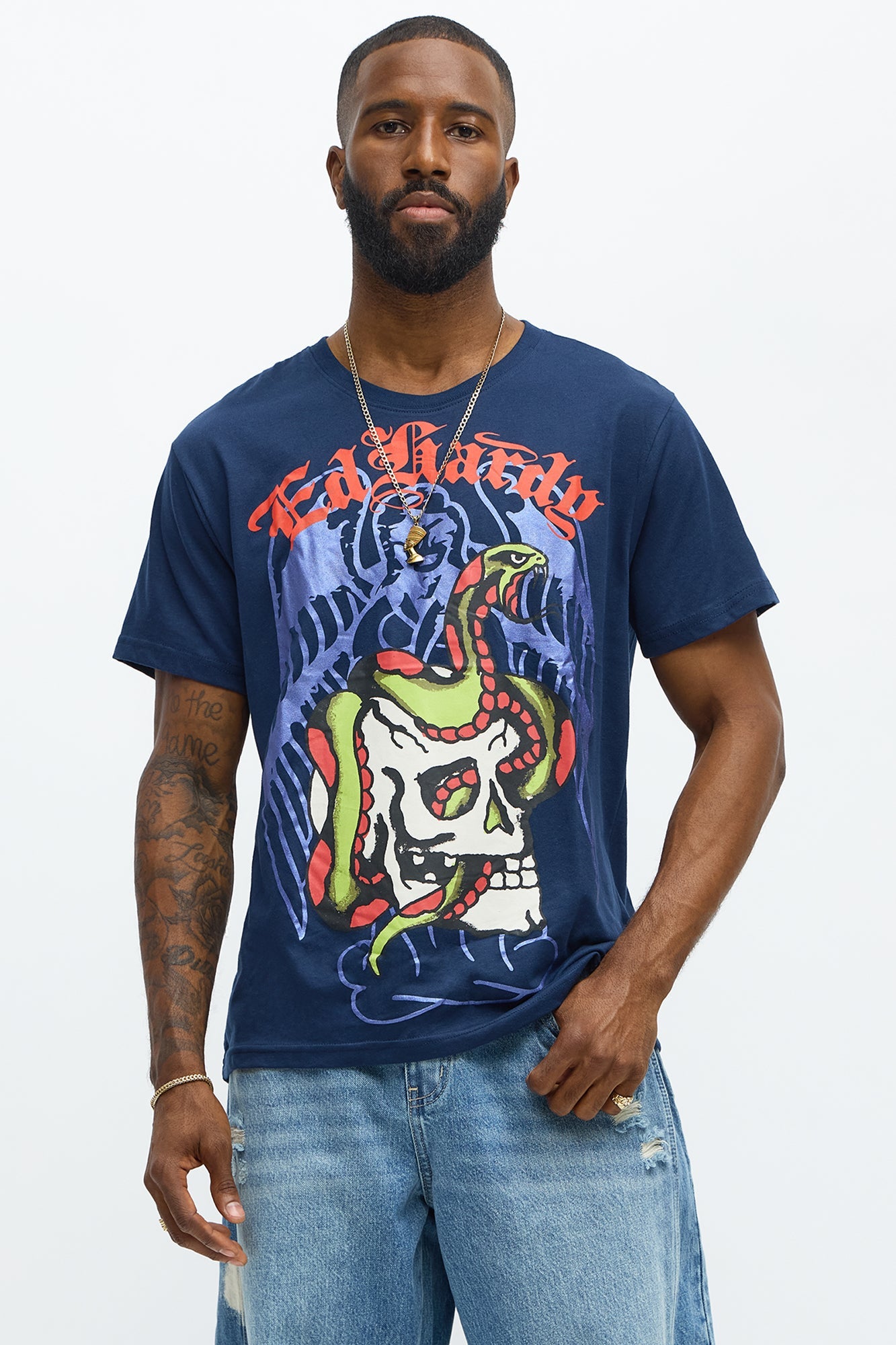 Ed Hardy Skull And Snake Short Sleeve Tee - Navy