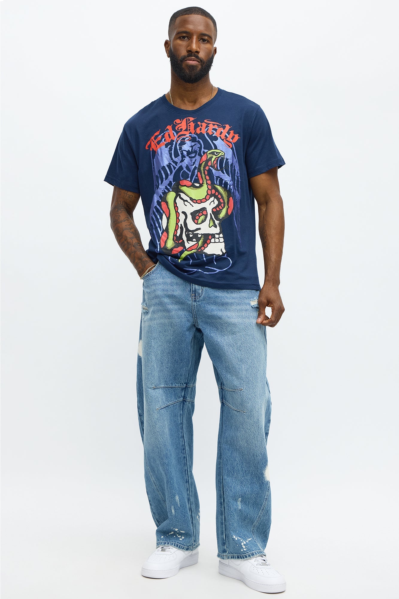 Ed Hardy Skull And Snake Short Sleeve Tee - Navy