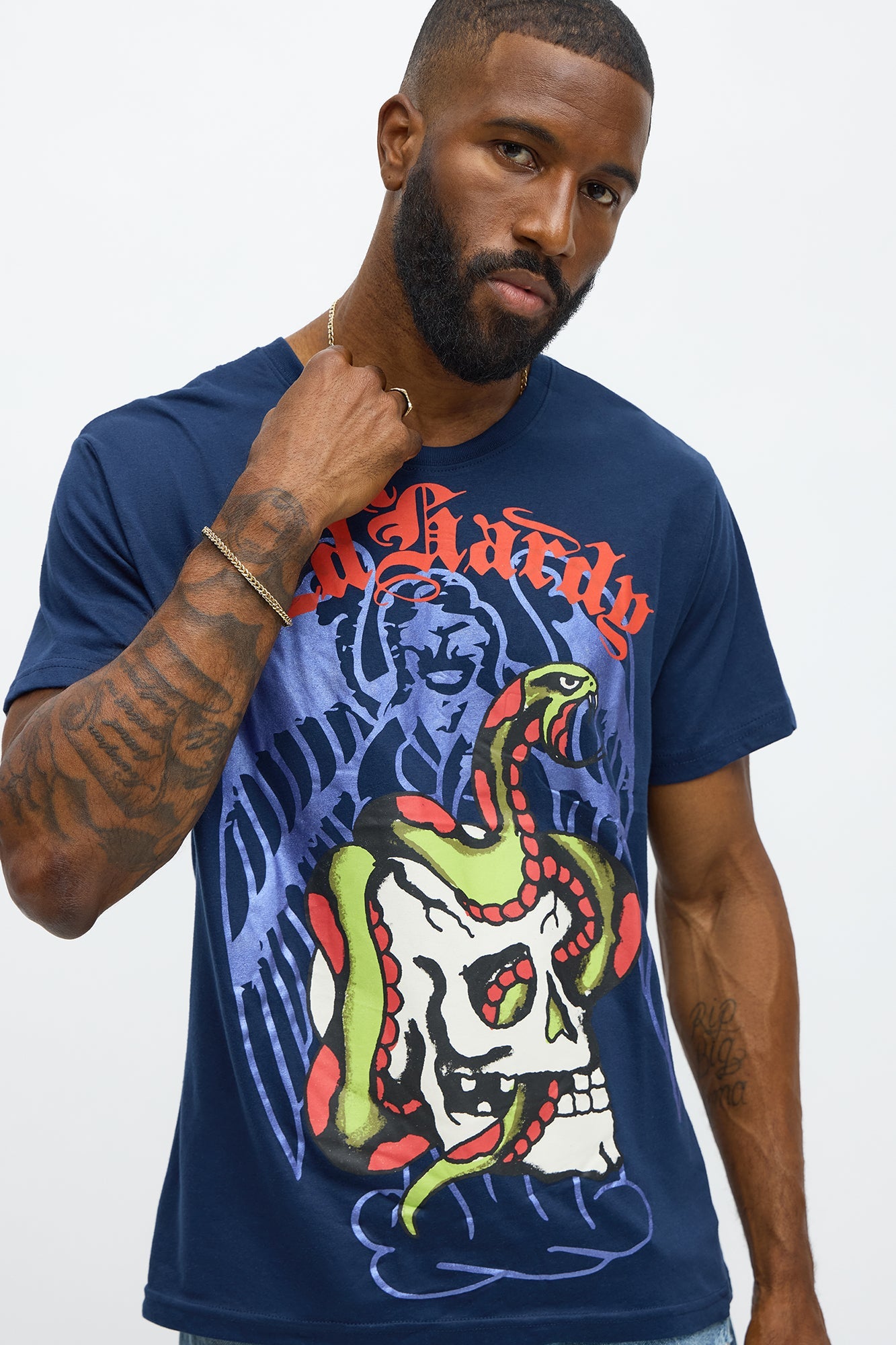 Ed Hardy Skull And Snake Short Sleeve Tee - Navy