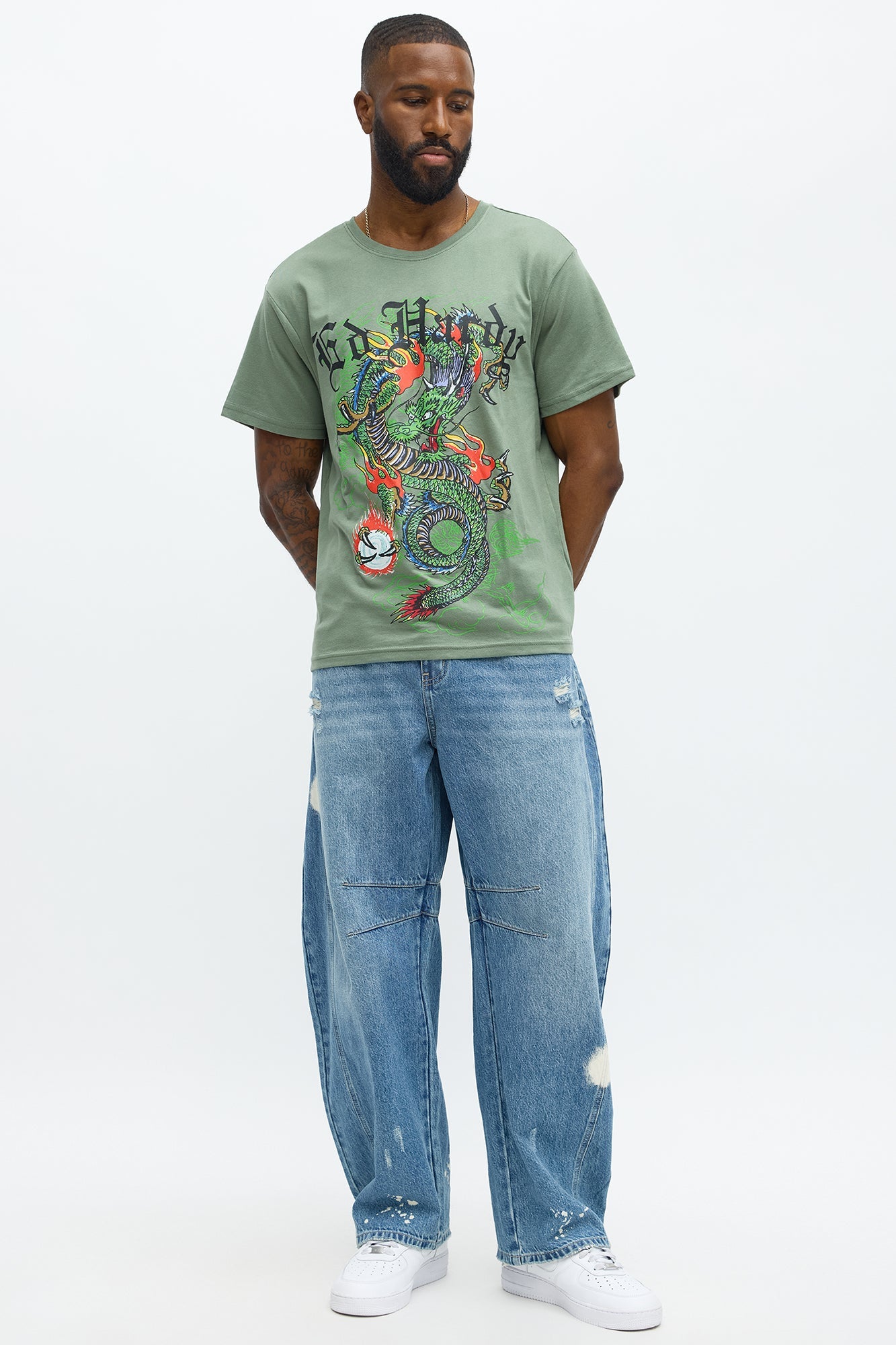 Ed Hardy Dragon Aura Tattoo Short Sleeve Tee - Olive