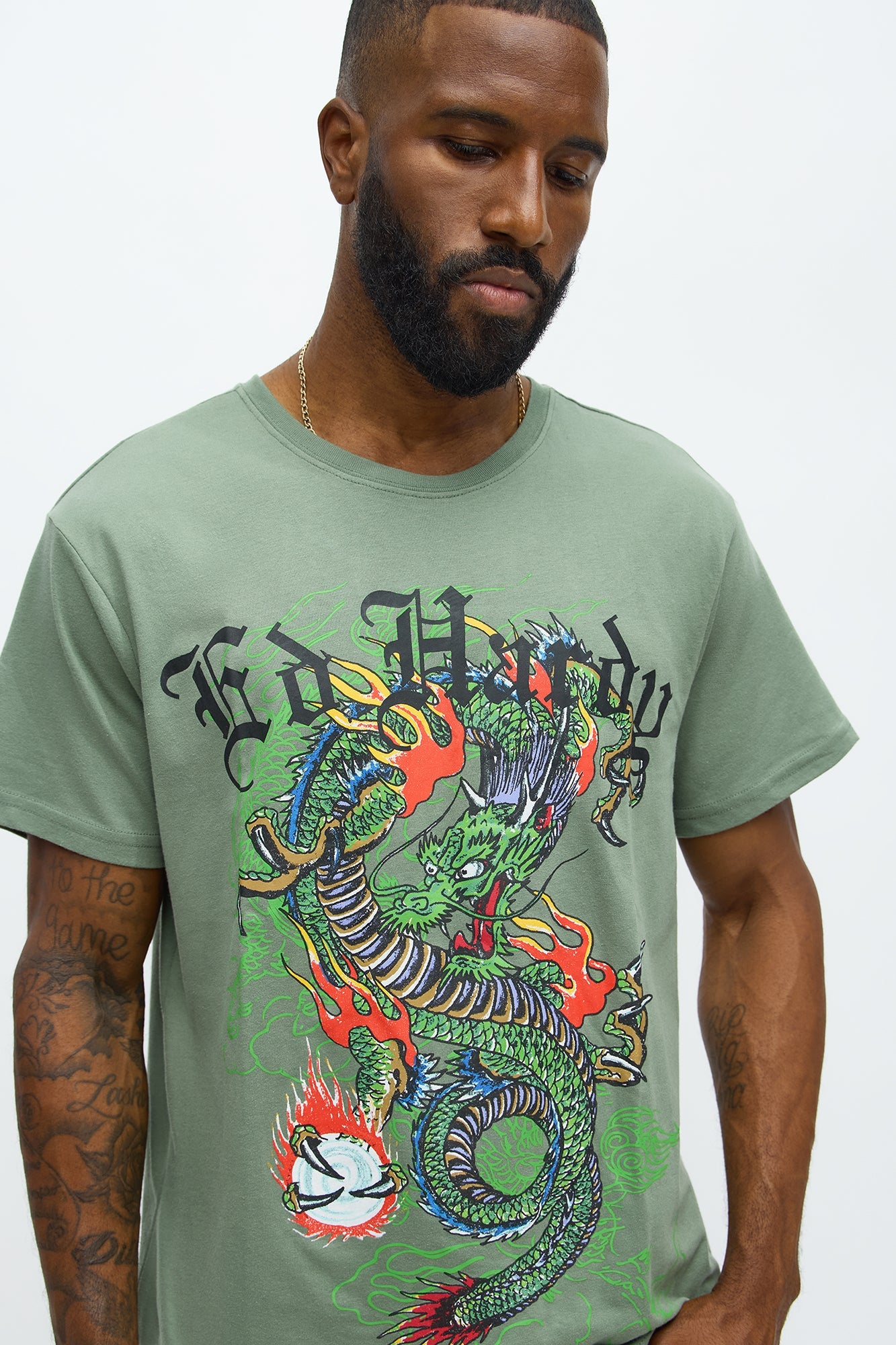 Ed Hardy Dragon Aura Tattoo Short Sleeve Tee - Olive