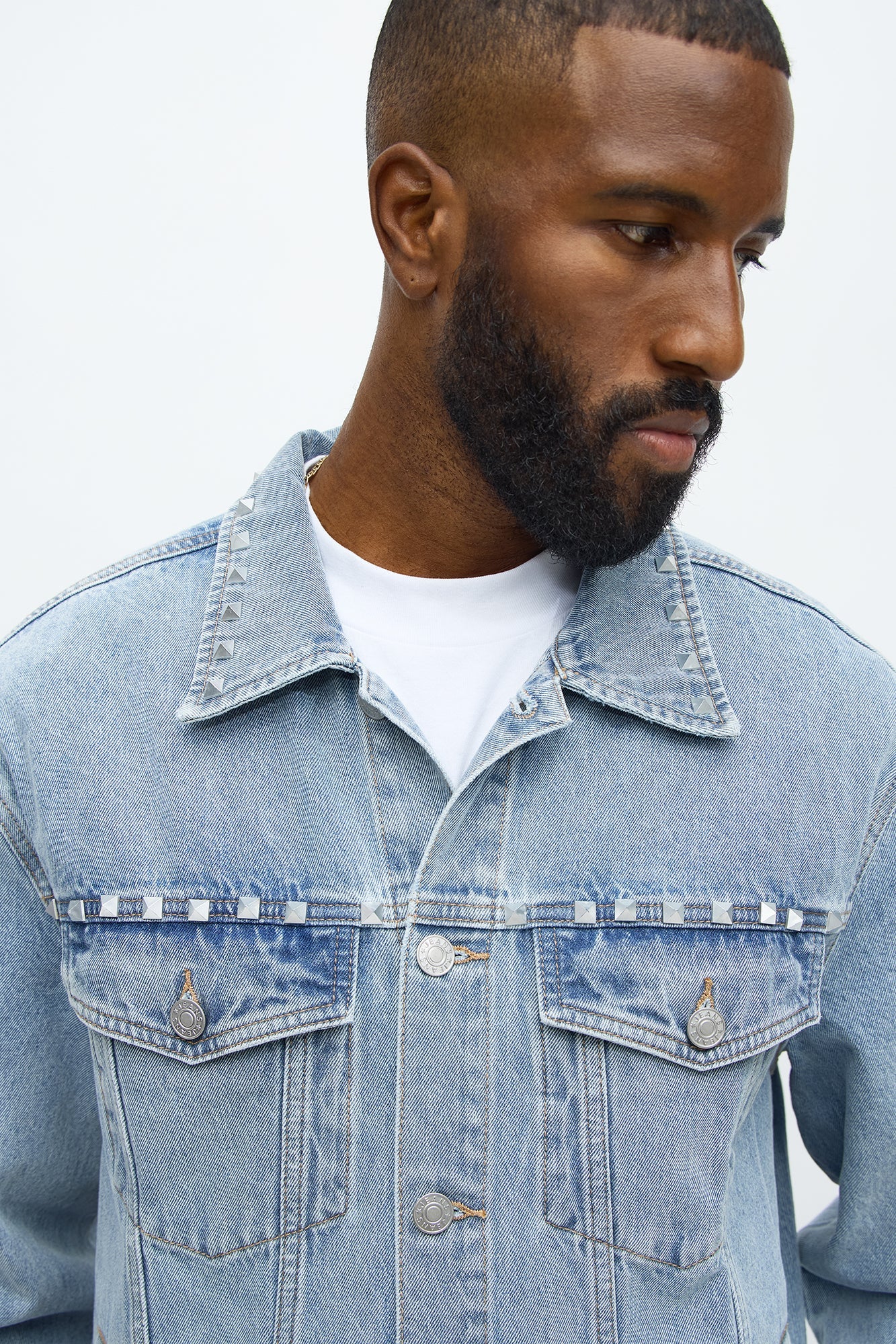 Not The Bad Guy Studded Trucker Jacket - Light Blue Wash