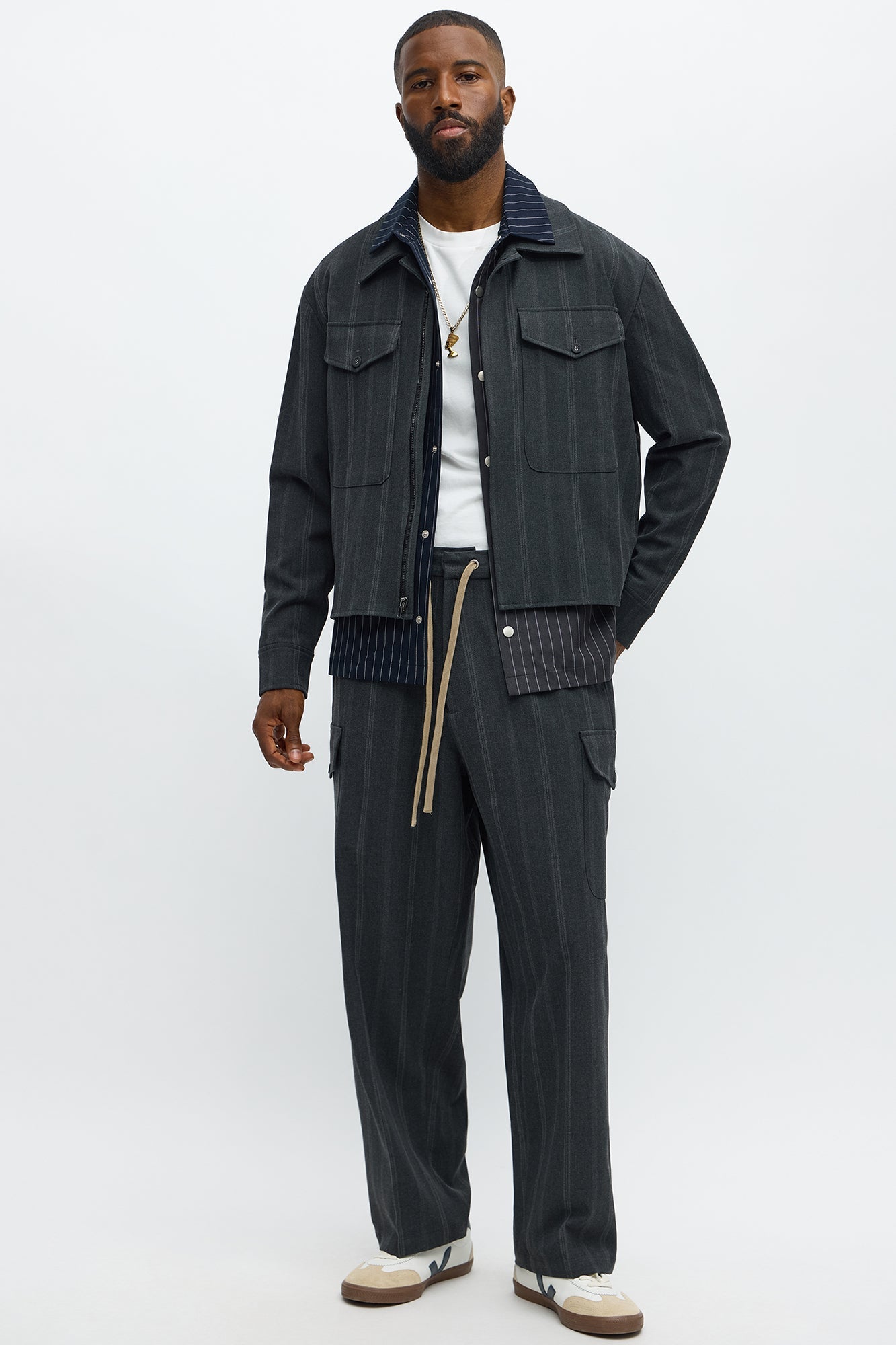 Relaxed Striped Suiting Bomber Jacket - Grey/combo