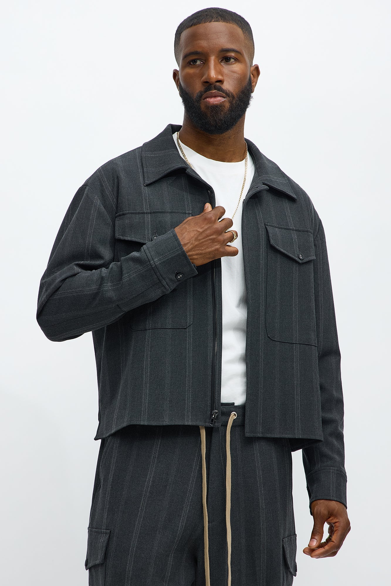 Relaxed Striped Suiting Bomber Jacket - Grey/combo