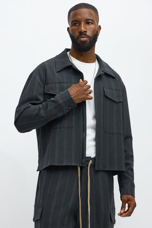 Relaxed Striped Suiting Bomber Jacket - Grey/combo