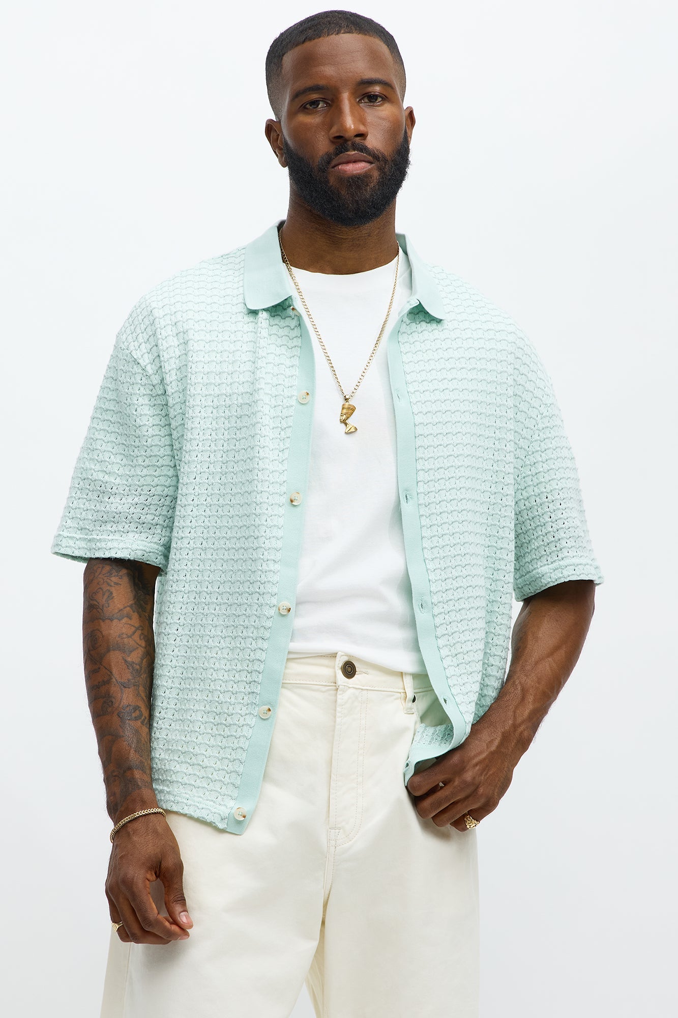 Regular Fit Color Block Button up Sweater Shirt - Teal