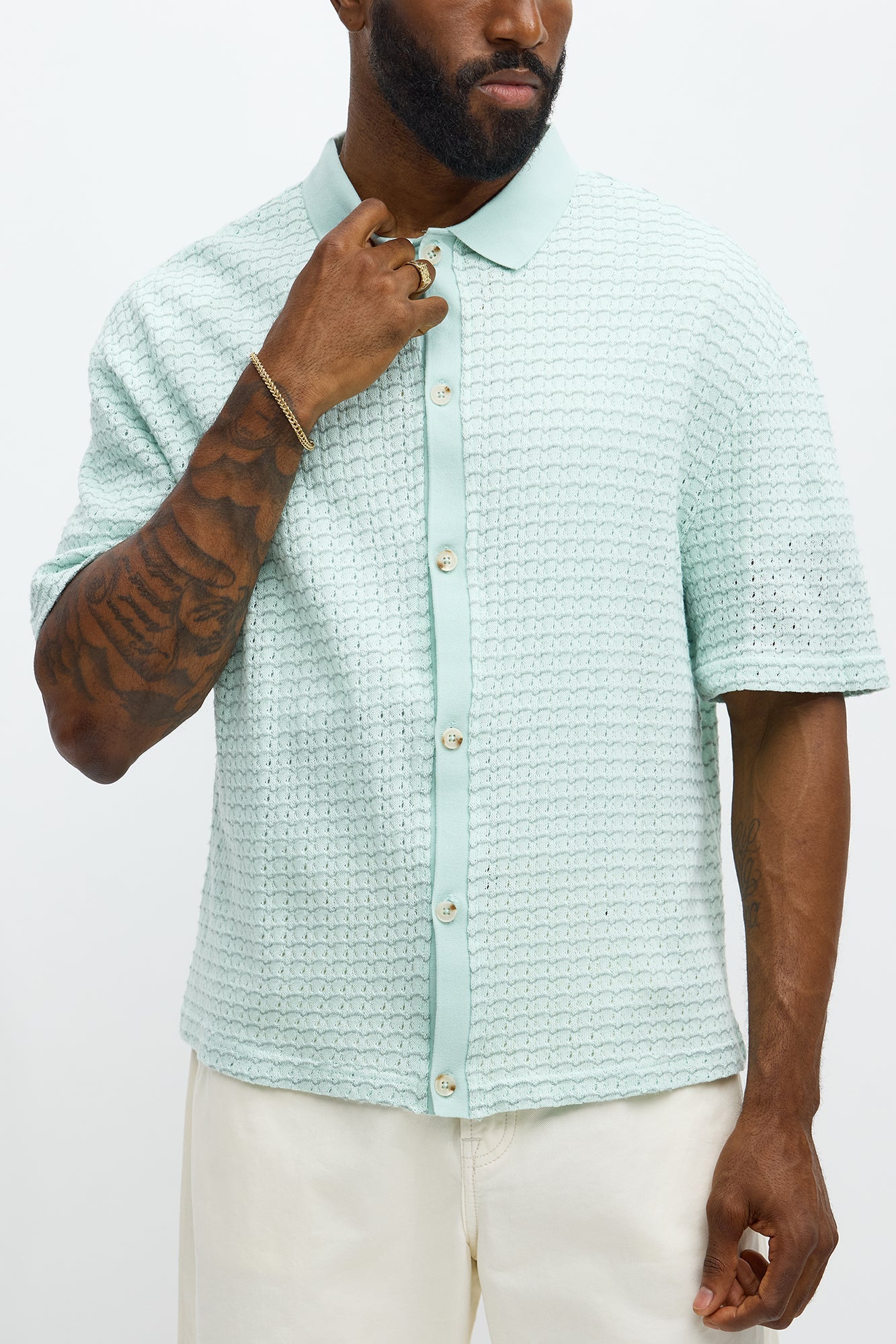 Regular Fit Color Block Button up Sweater Shirt - Teal