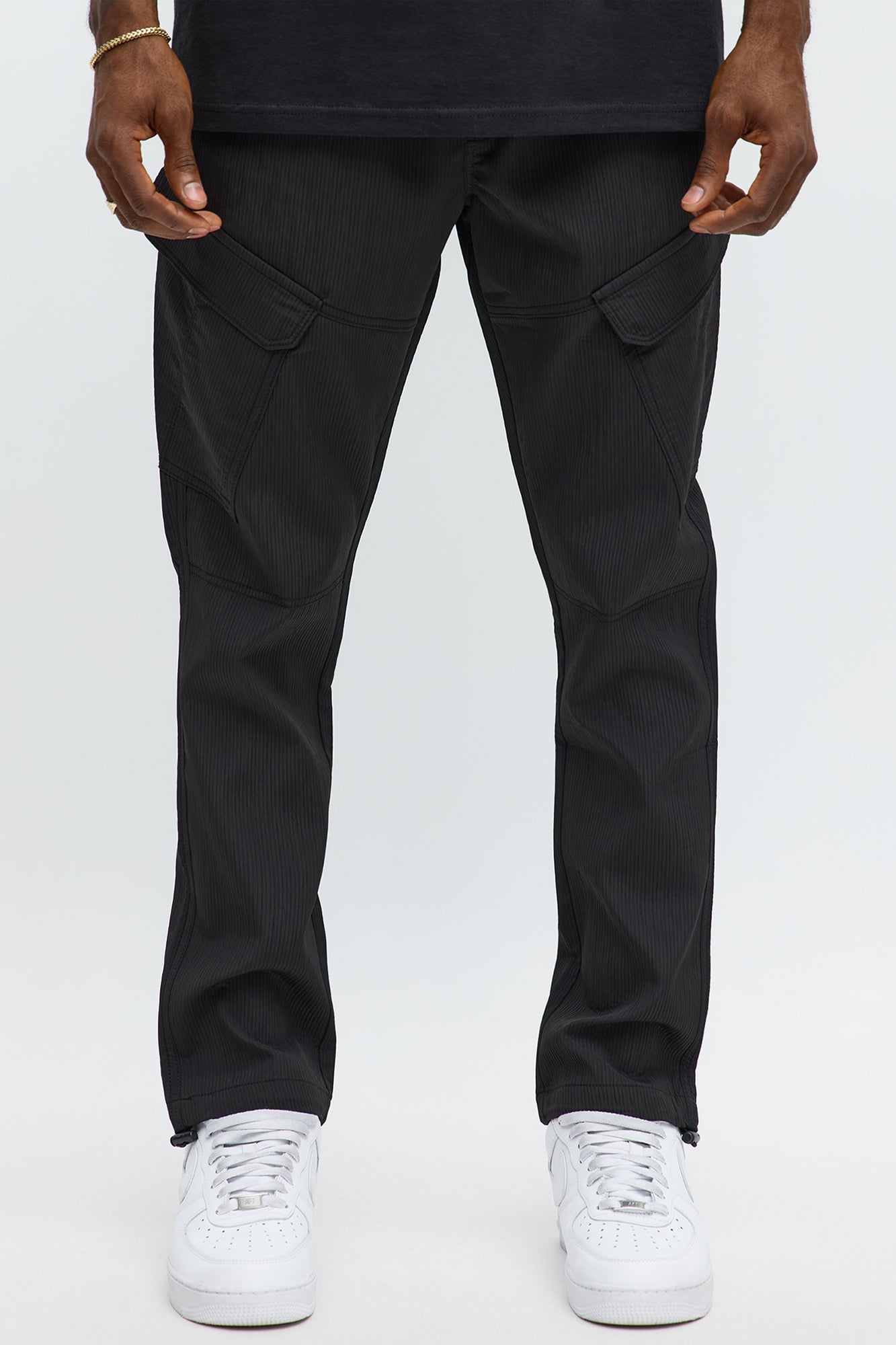 Slim Slanted Cargo Ribbed Pants - Black