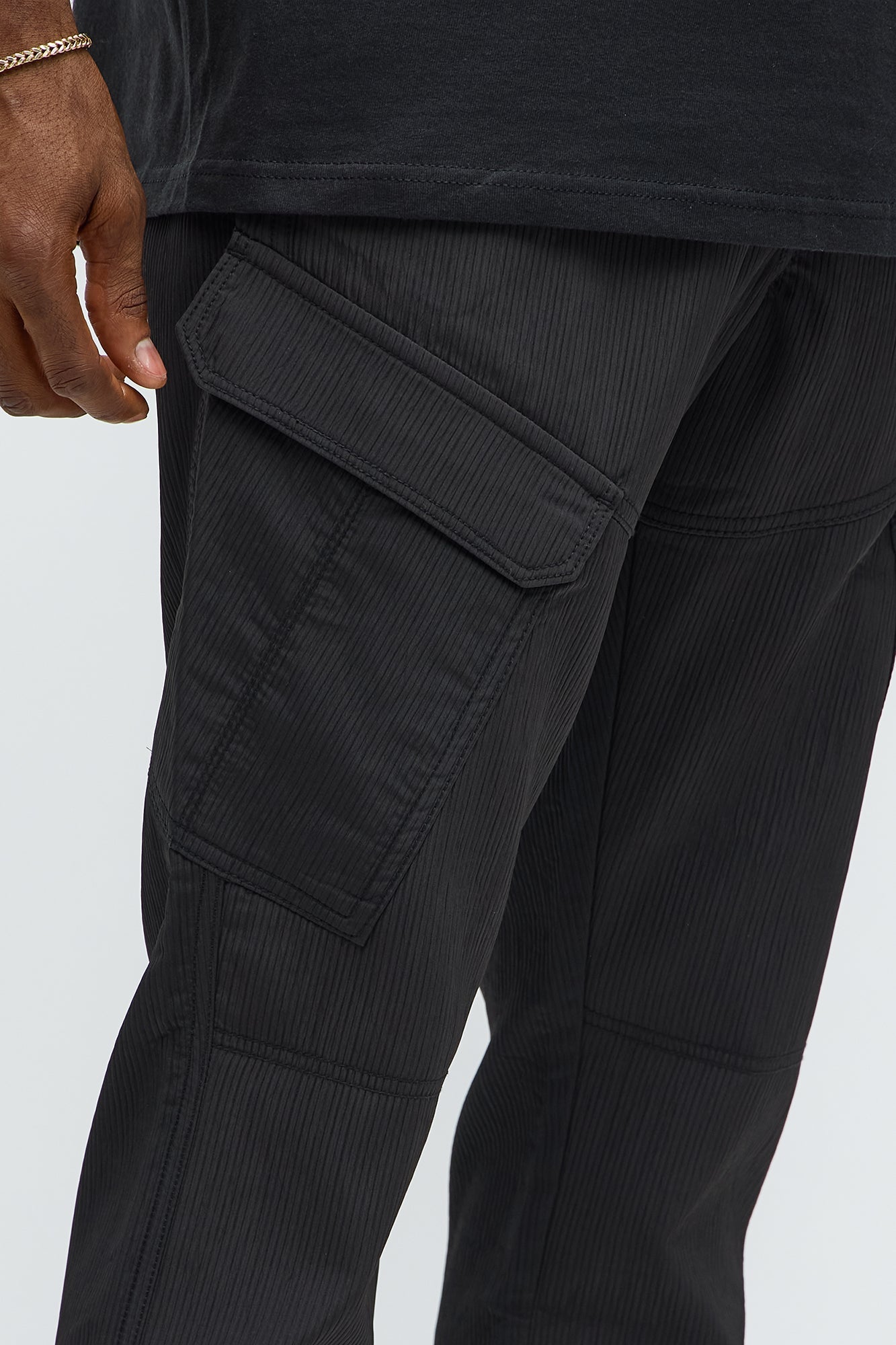 Slim Slanted Cargo Ribbed Pants - Black
