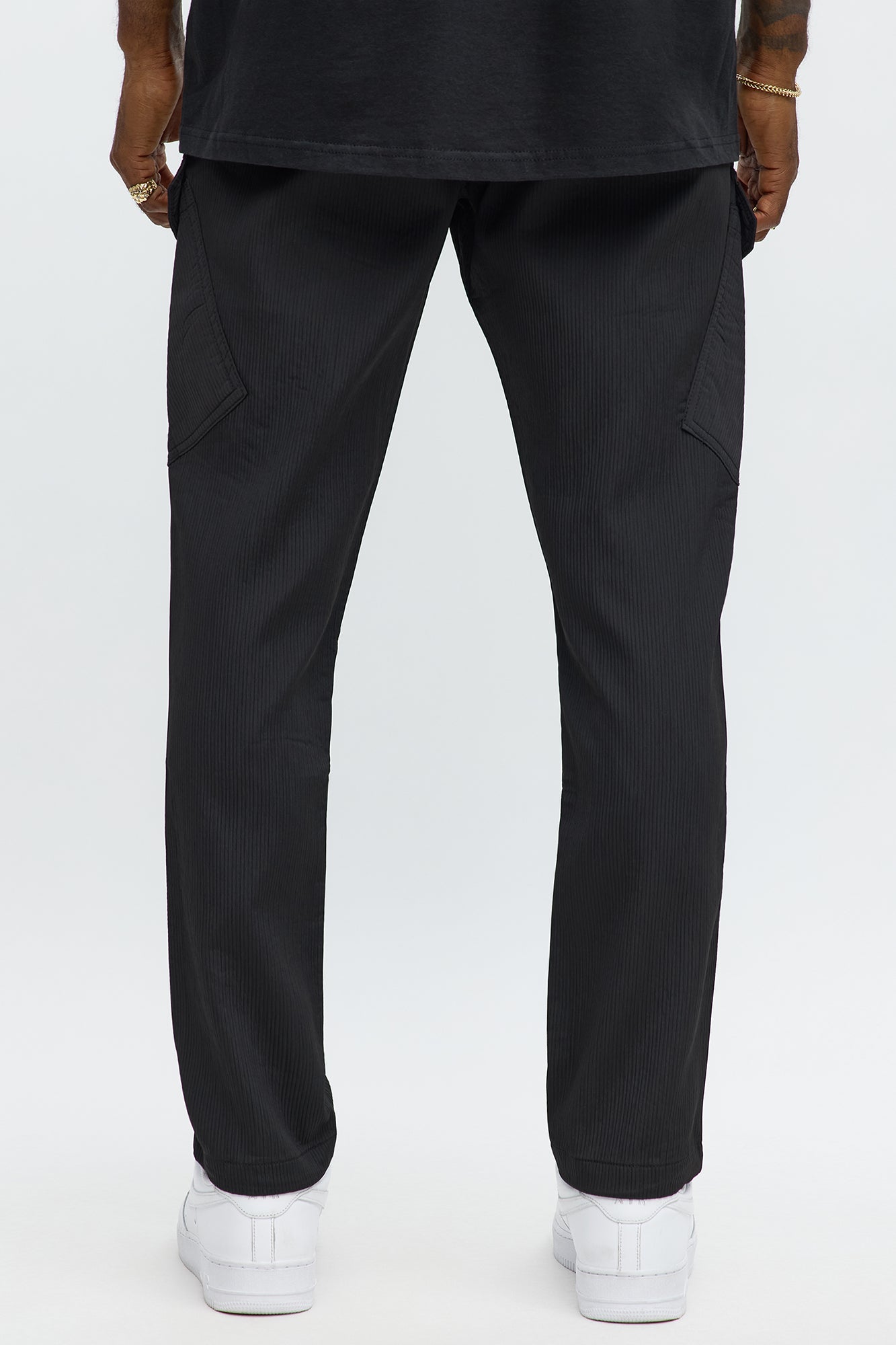 Slim Slanted Cargo Ribbed Pants - Black