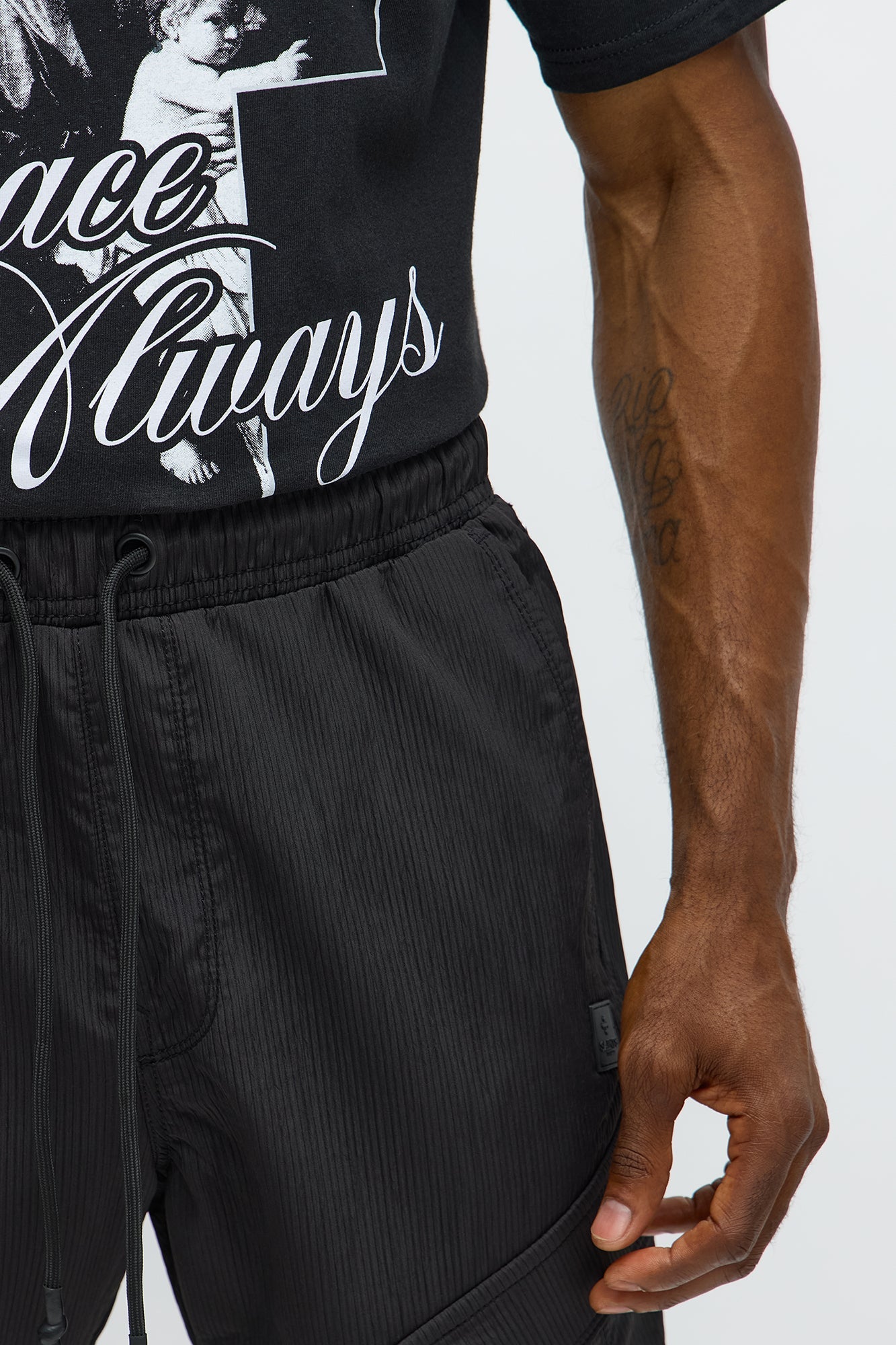 Slim Slanted Cargo Ribbed Pants - Black