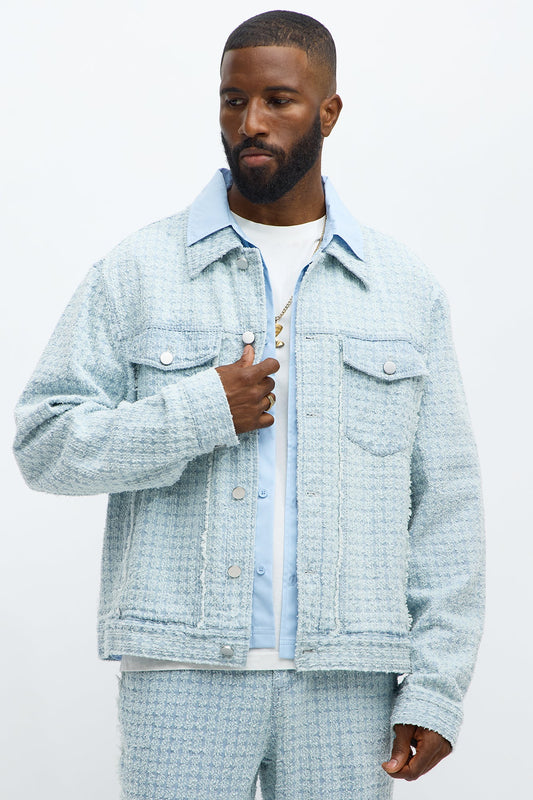 Cropped Textured Frayed Trucker Jacket - Light Blue Wash
