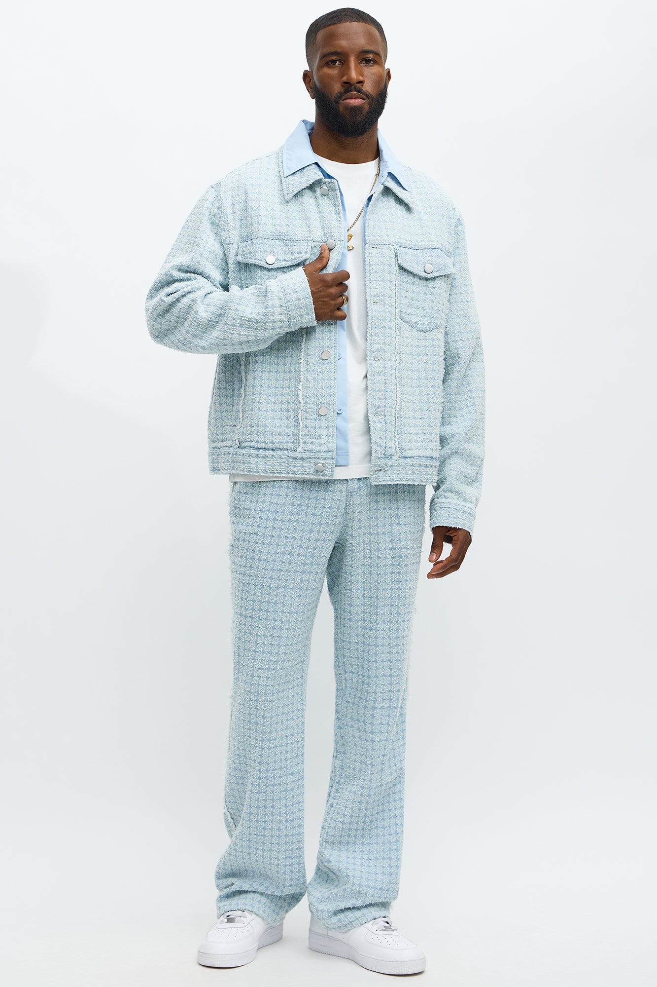 Stacked Slim Flare Textured Frayed Pant - Light Blue Wash