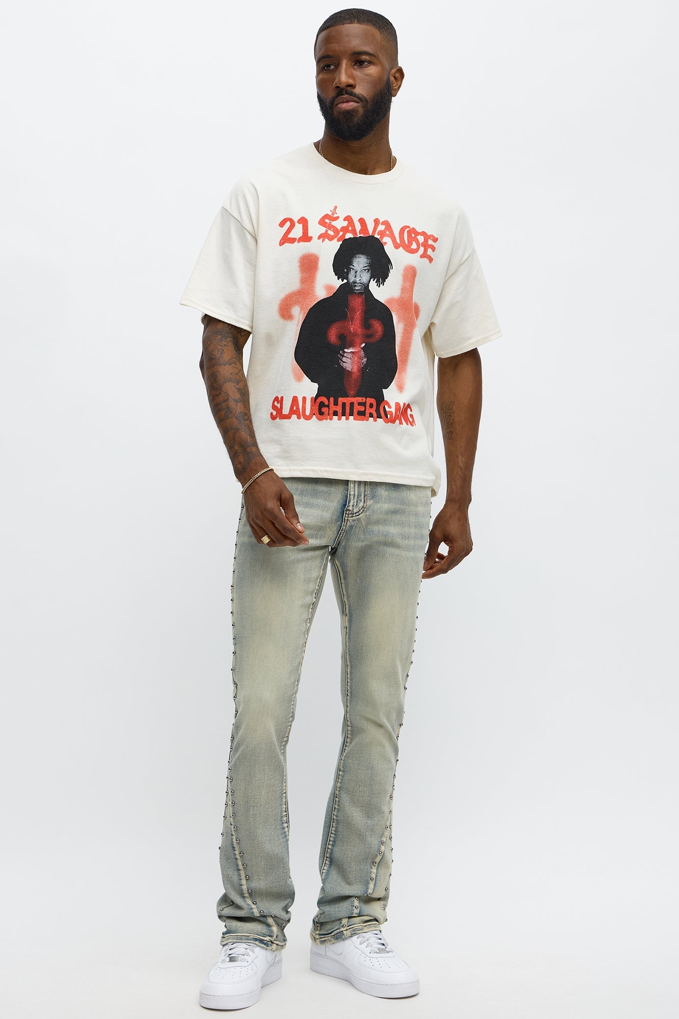 Stacked Skinny Flare Studded Panel Jean - Light Wash