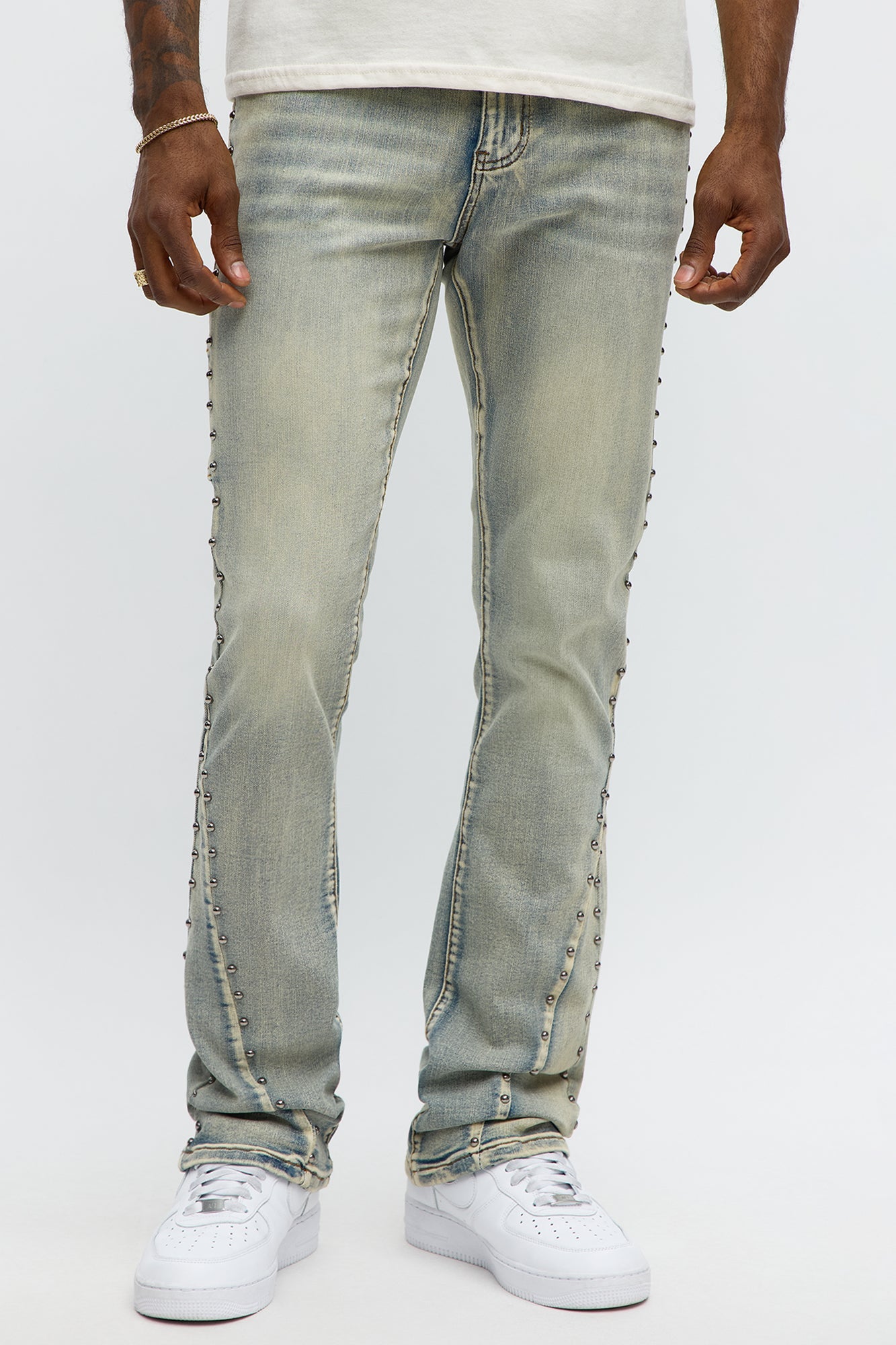Stacked Skinny Flare Studded Panel Jean - Light Wash