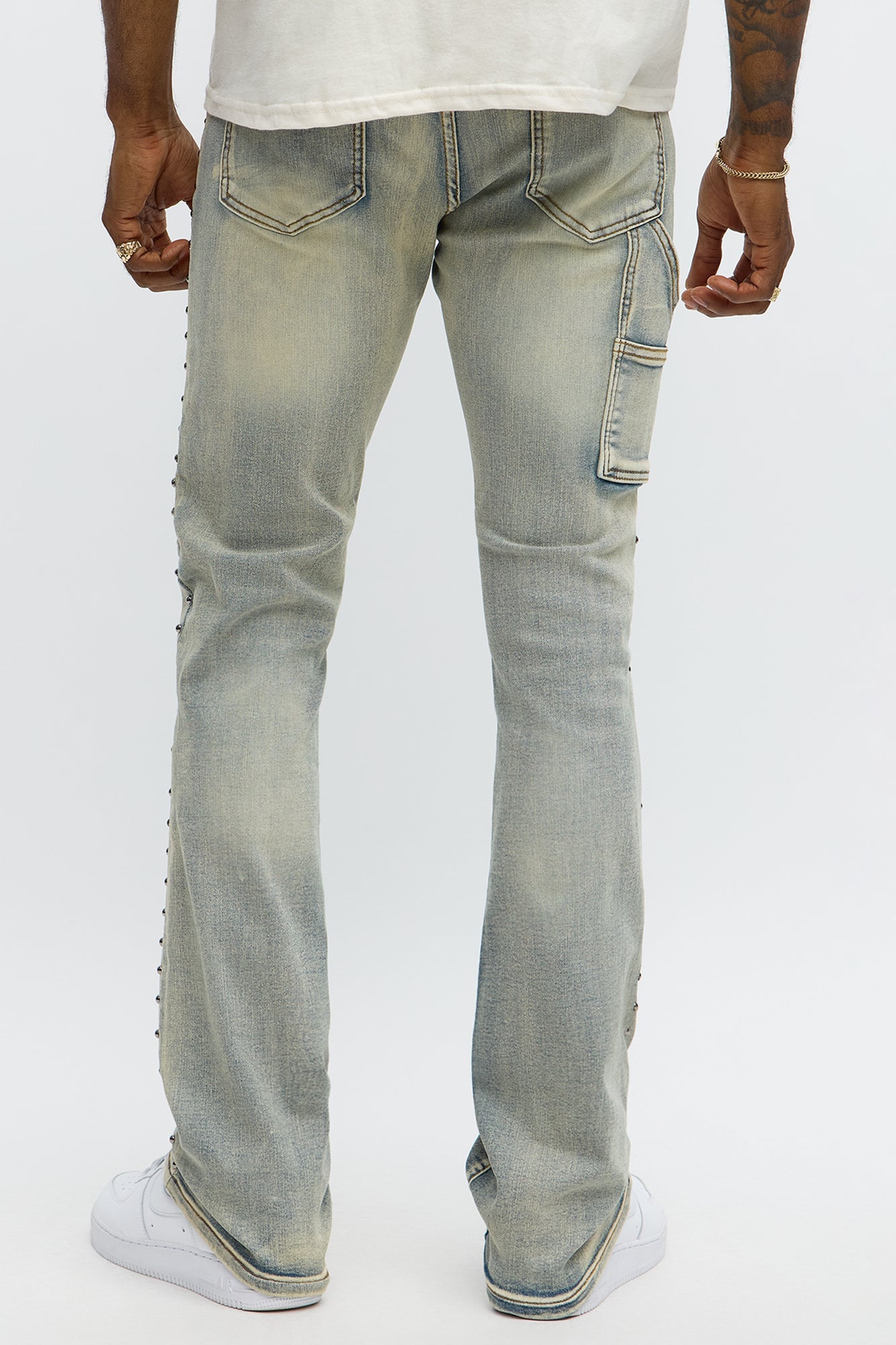 Stacked Skinny Flare Studded Panel Jean - Light Wash