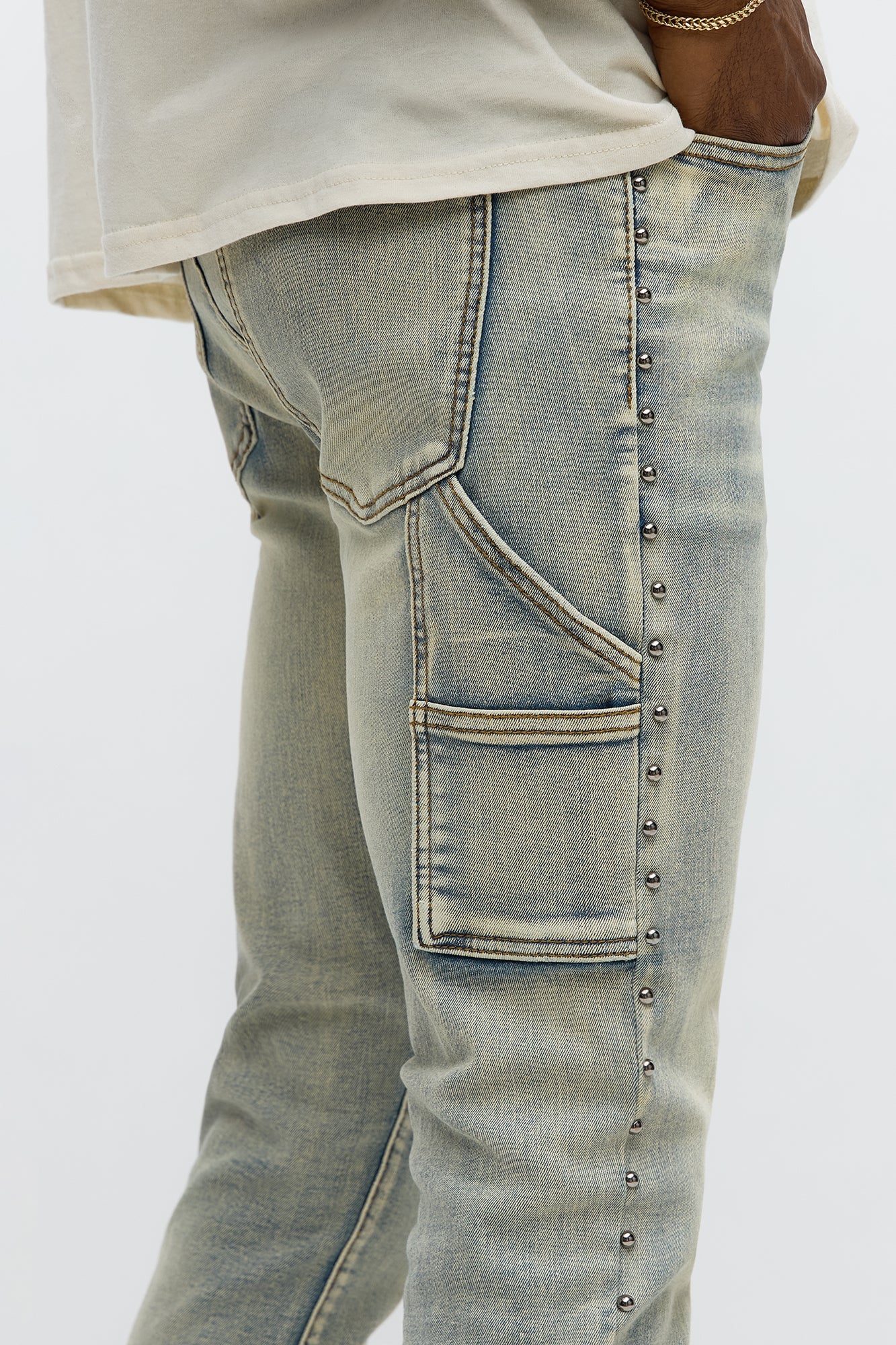 Stacked Skinny Flare Studded Panel Jean - Light Wash