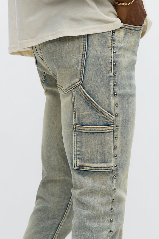 Stacked Skinny Flare Studded Panel Jean - Light Wash