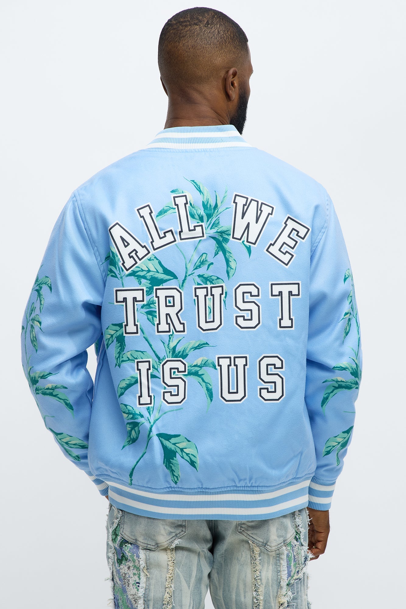 All We Trust Is Us Varsity Jacket - Blue/combo