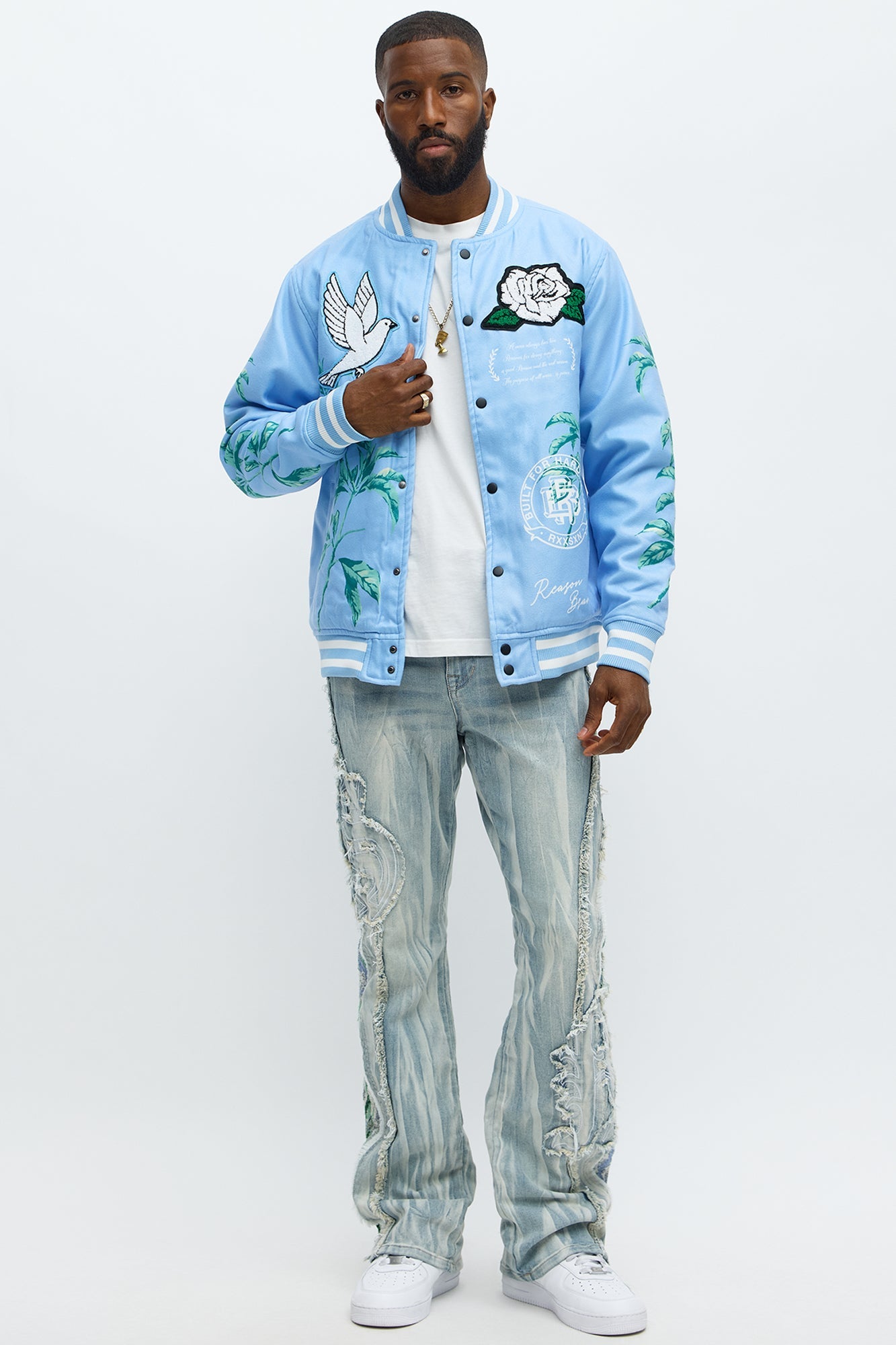 Stacked Skinny Flare Gray With Tapestry Sides Jean - Light Blue Wash