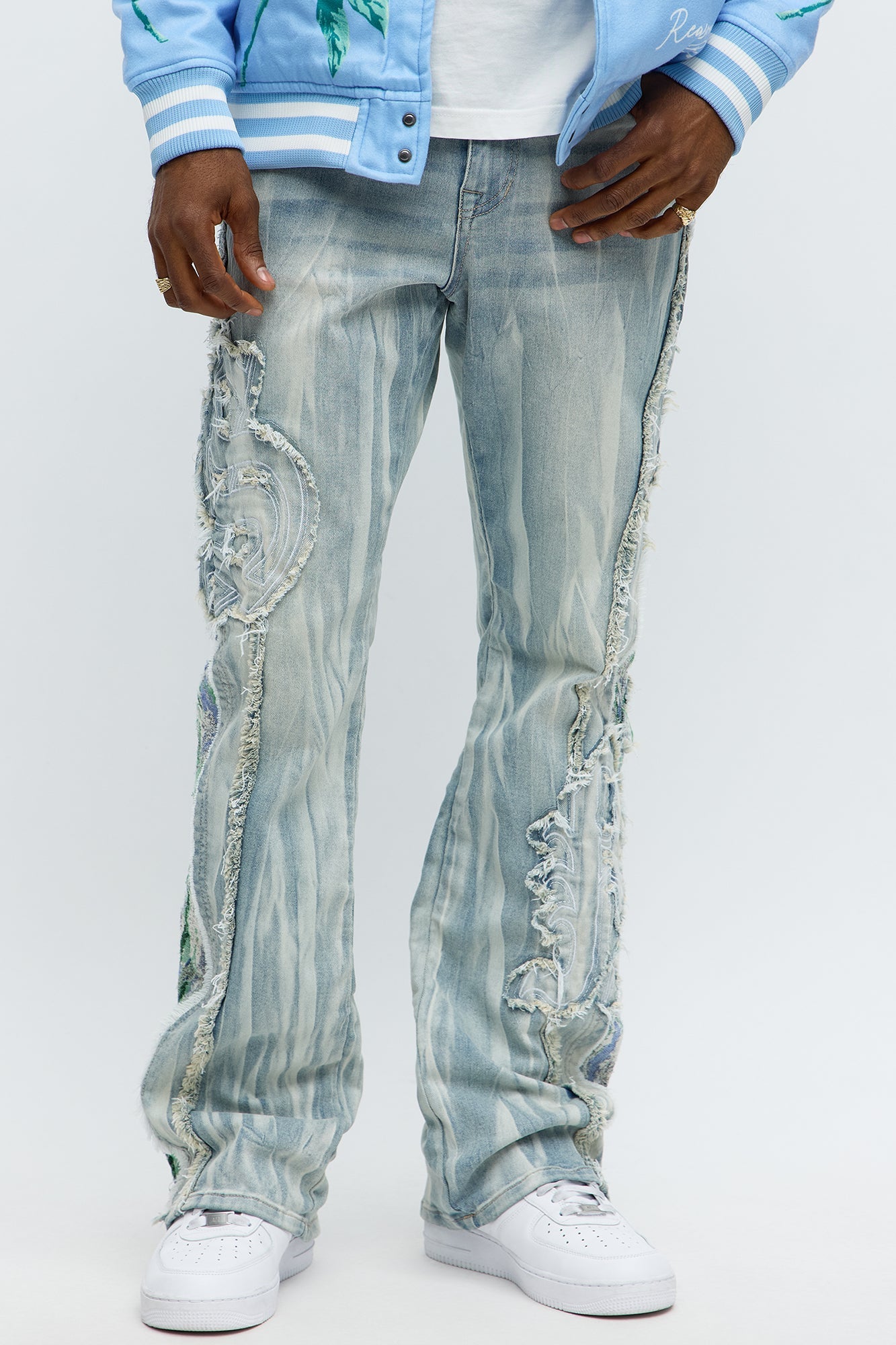 Stacked Skinny Flare Gray With Tapestry Sides Jean - Light Blue Wash
